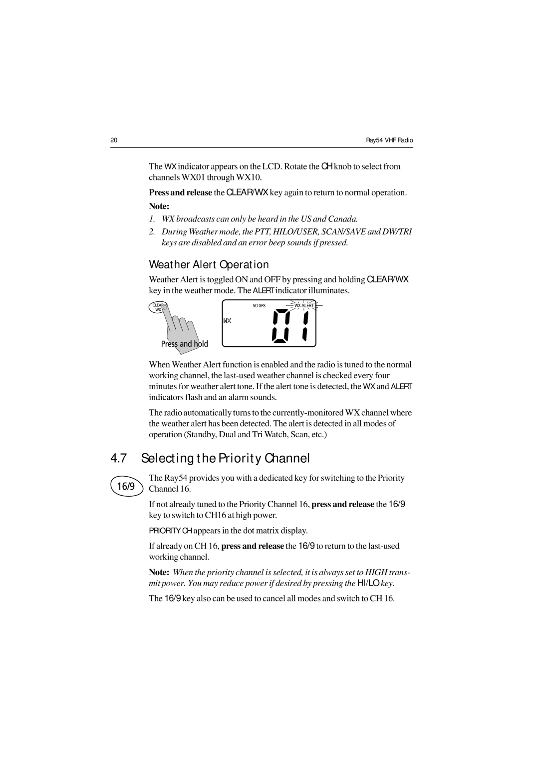 Raymarine Ray54 manual Selecting the Priority Channel, Weather Alert Operation 