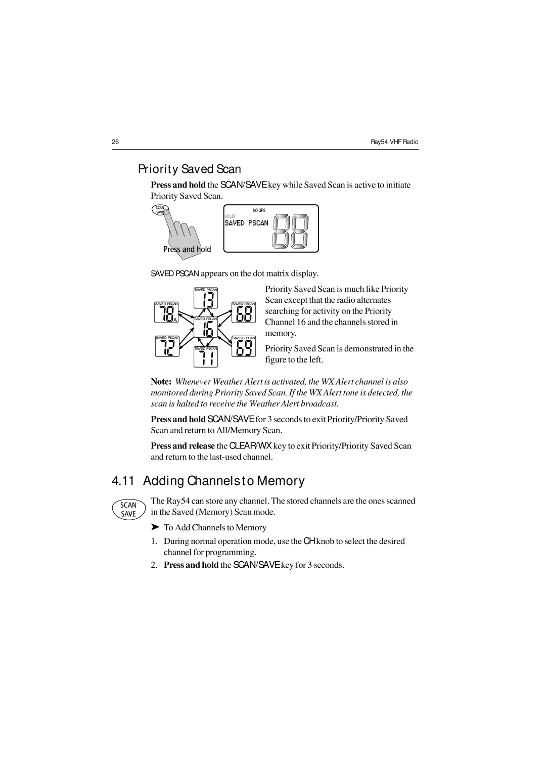 Raymarine Ray54 manual Adding Channels to Memory, Priority Saved Scan 