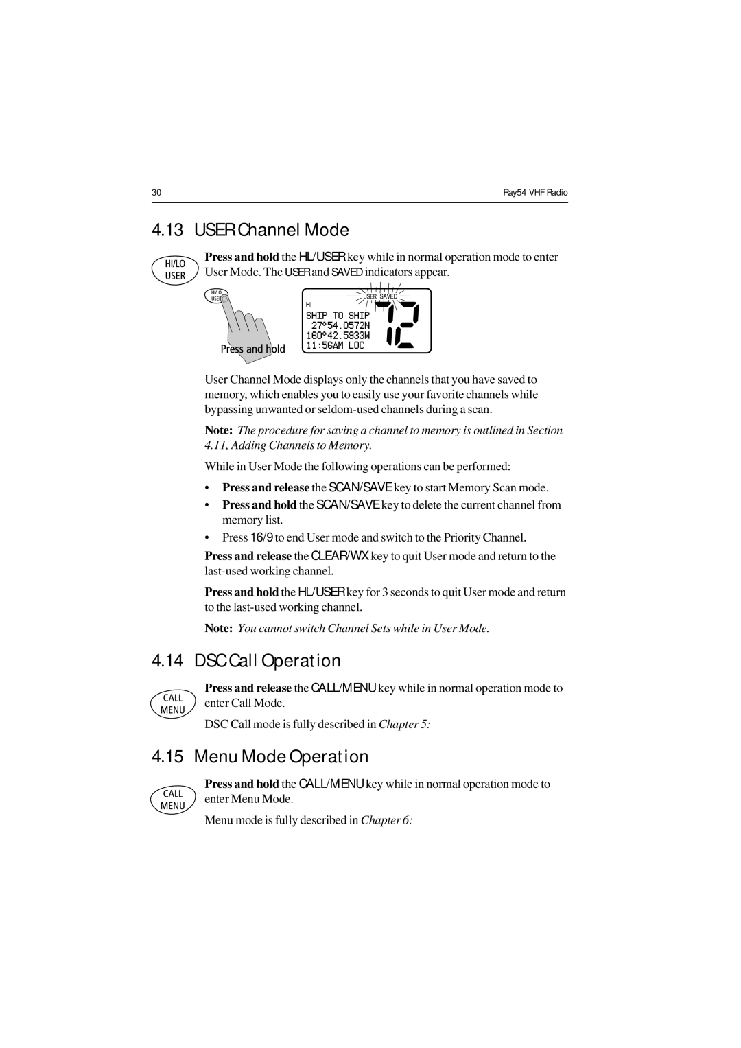 Raymarine Ray54 manual User Channel Mode, DSC Call Operation, Menu Mode Operation 