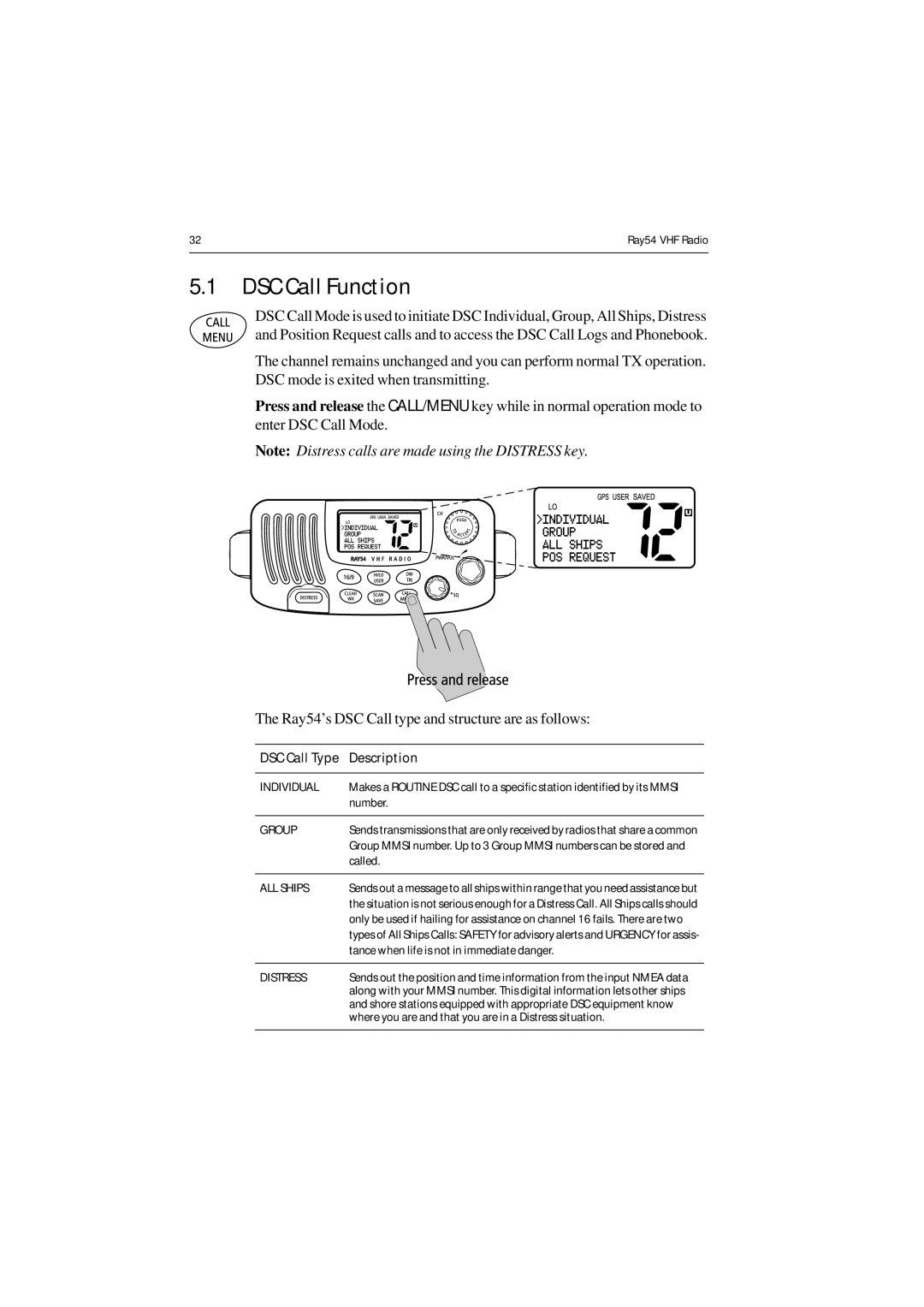 Raymarine Ray54 manual DSC Call Function, Individual, Group, ALL Ships 
