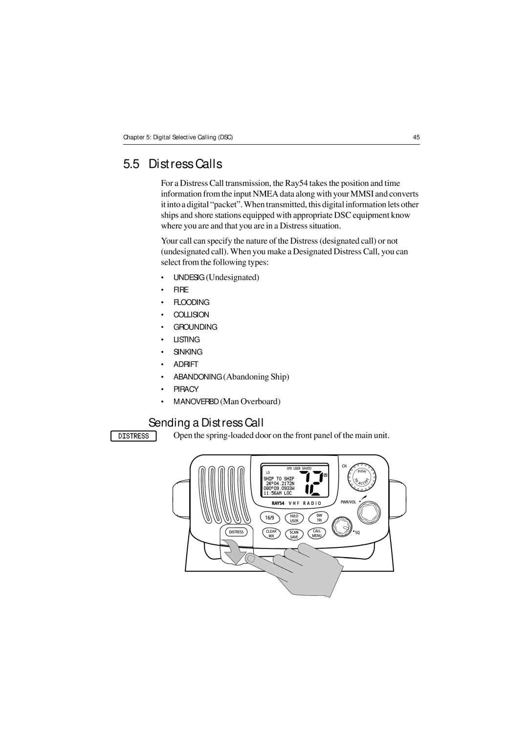 Raymarine Ray54 manual Distress Calls, Sending a Distress Call 