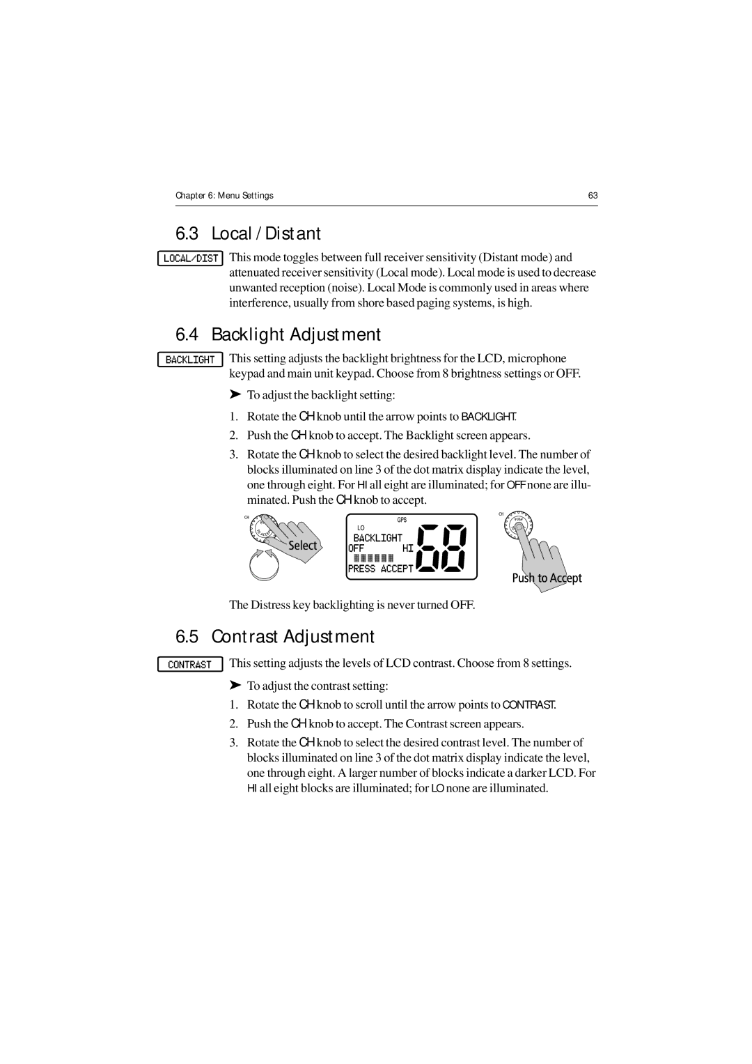 Raymarine Ray54 manual Local / Distant, Backlight Adjustment, Contrast Adjustment 