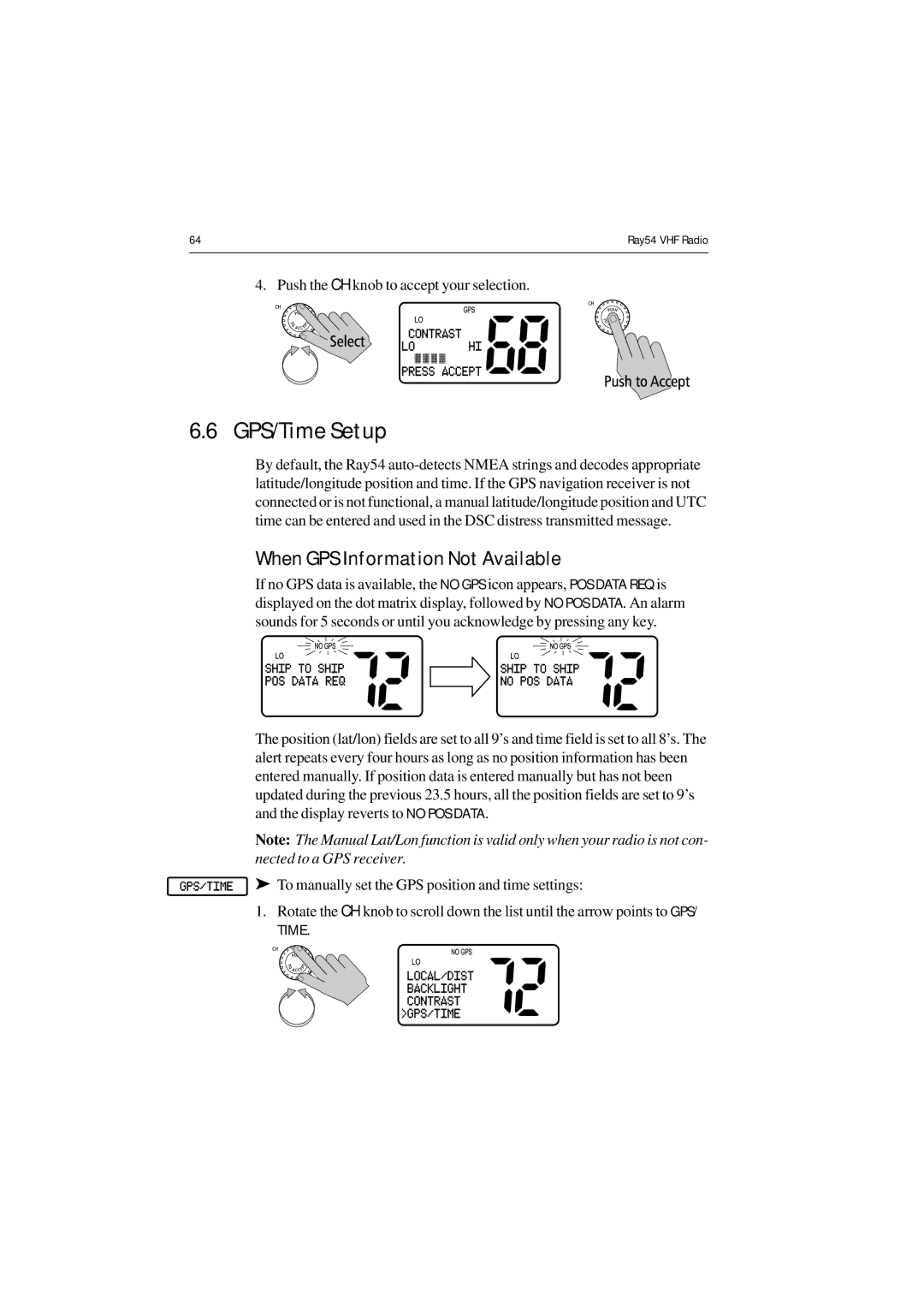 Raymarine Ray54 manual GPS/Time Setup, When GPS Information Not Available 