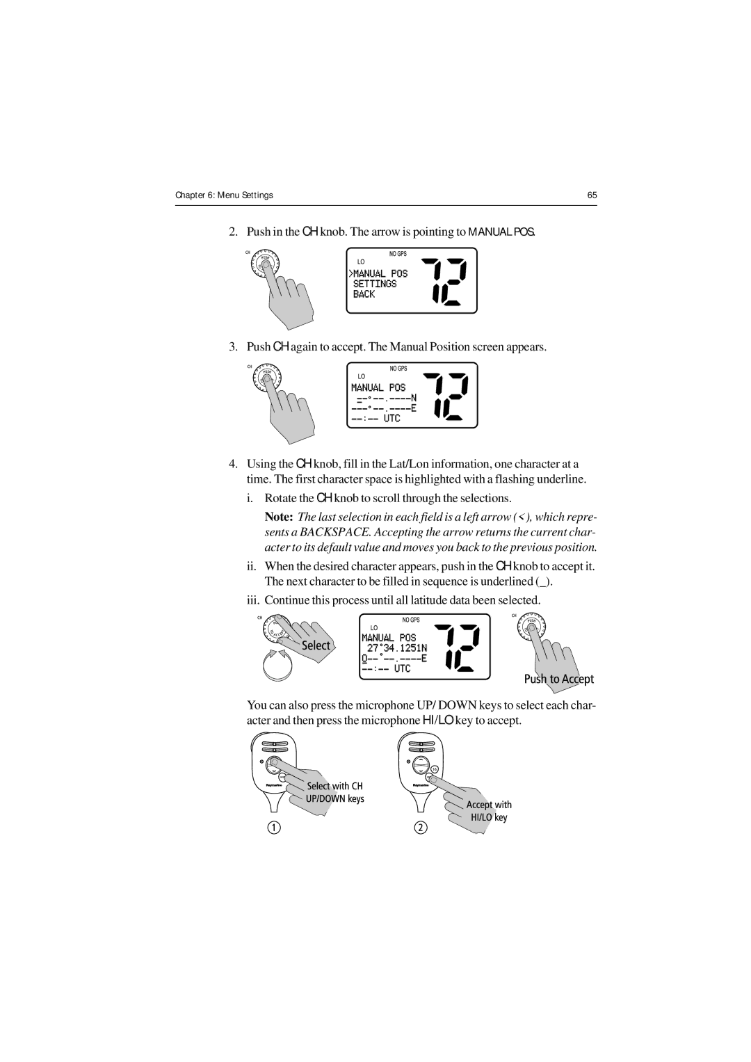 Raymarine Ray54 manual Rotate the CH knob to scroll through the selections 