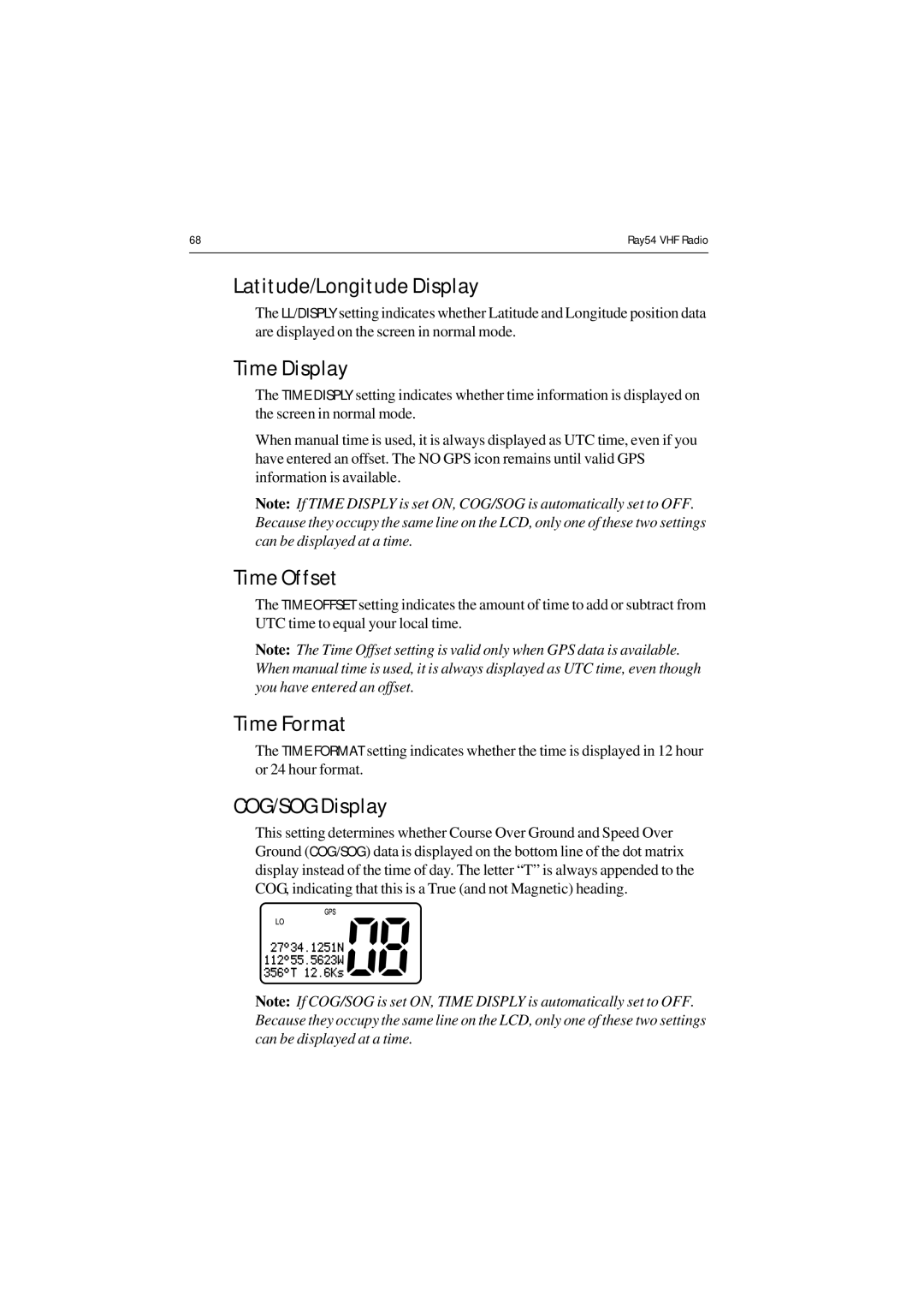 Raymarine Ray54 manual Latitude/Longitude Display, Time Display, Time Offset, Time Format, COG/SOG Display 