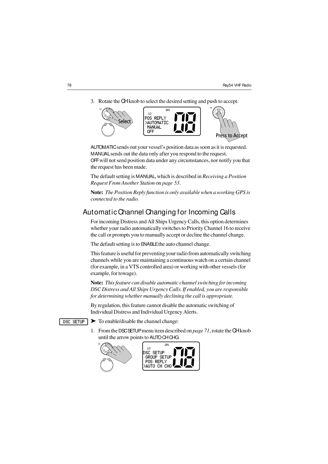 Raymarine Ray54 manual Automatic Channel Changing for Incoming Calls 