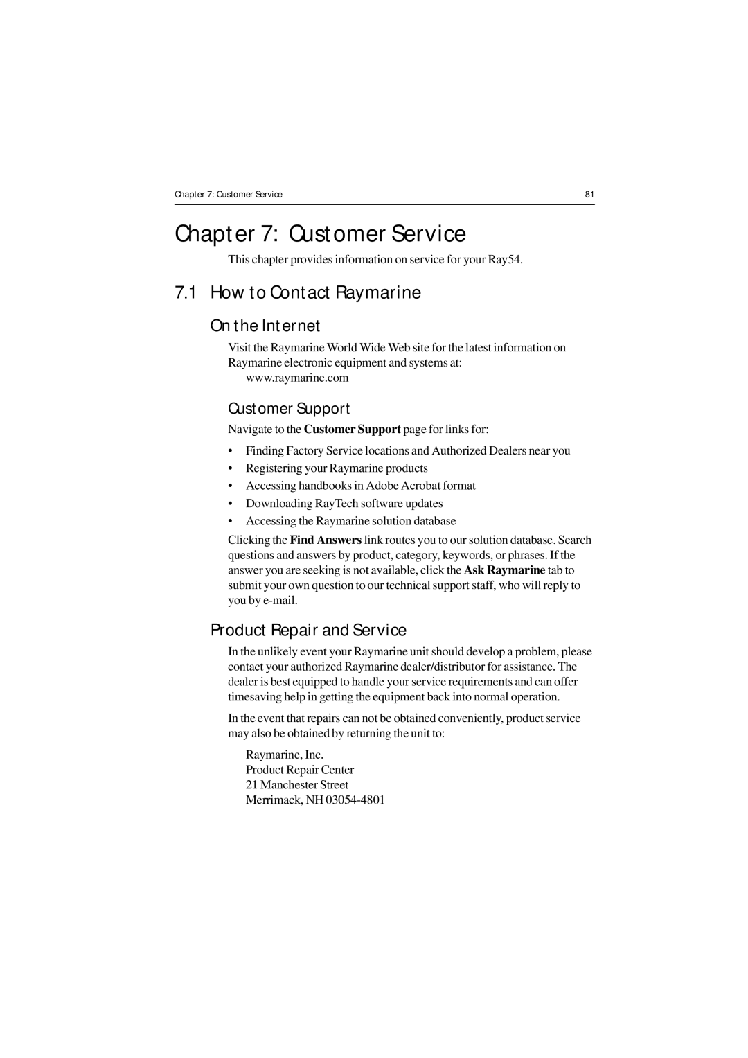 Raymarine Ray54 Customer Service, How to Contact Raymarine, On the Internet, Product Repair and Service, Customer Support 
