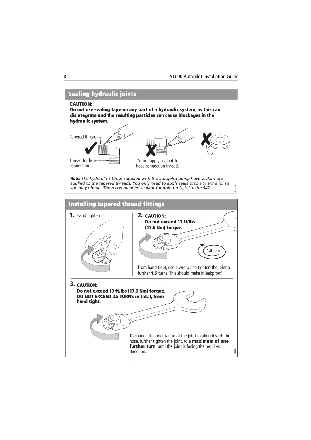 Raymarine S1000 manual Sealing hydraulic joints, Installing tapered thread fittings 