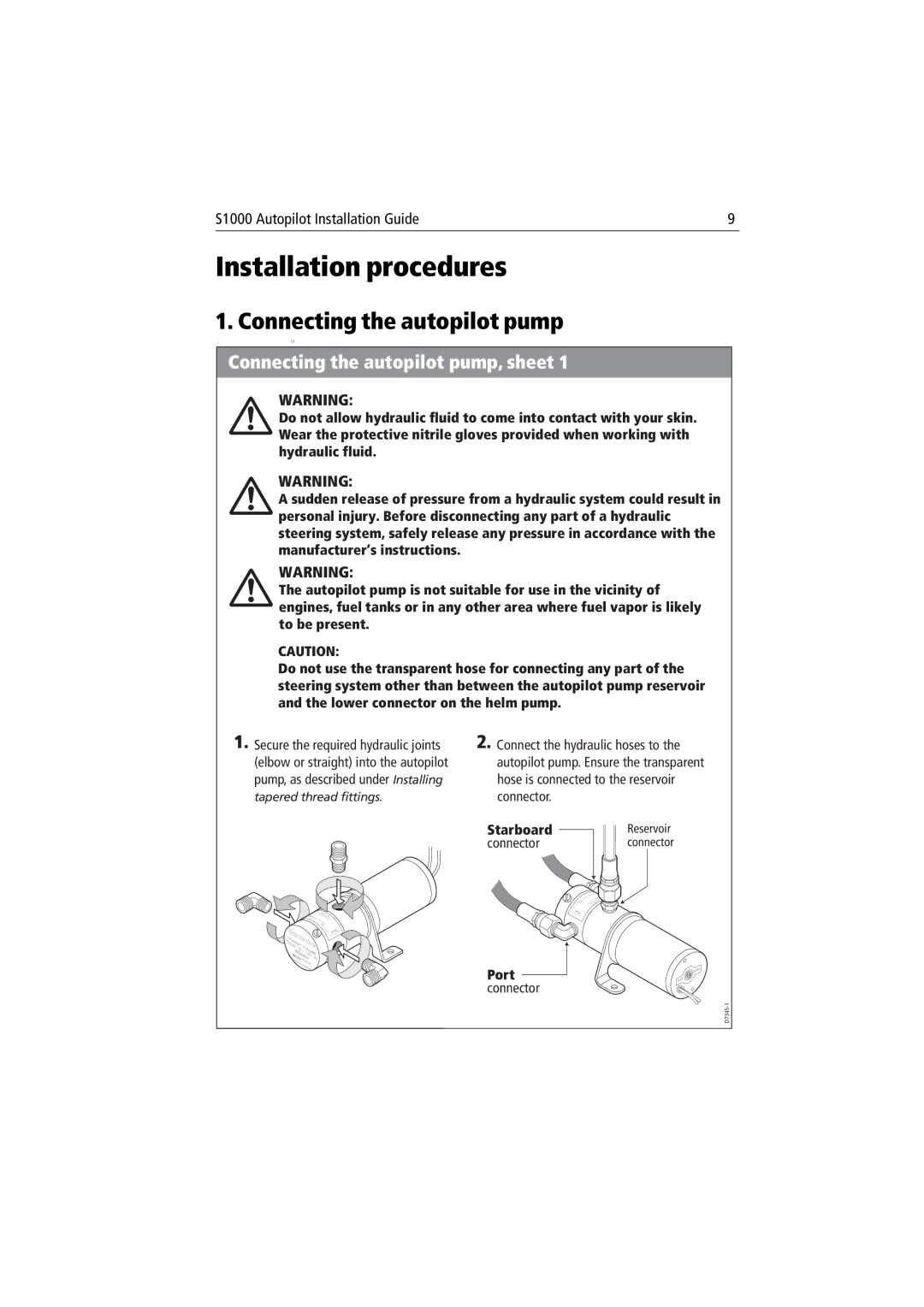 Raymarine S1000 manual Connecting the autopilot pump, sheet 