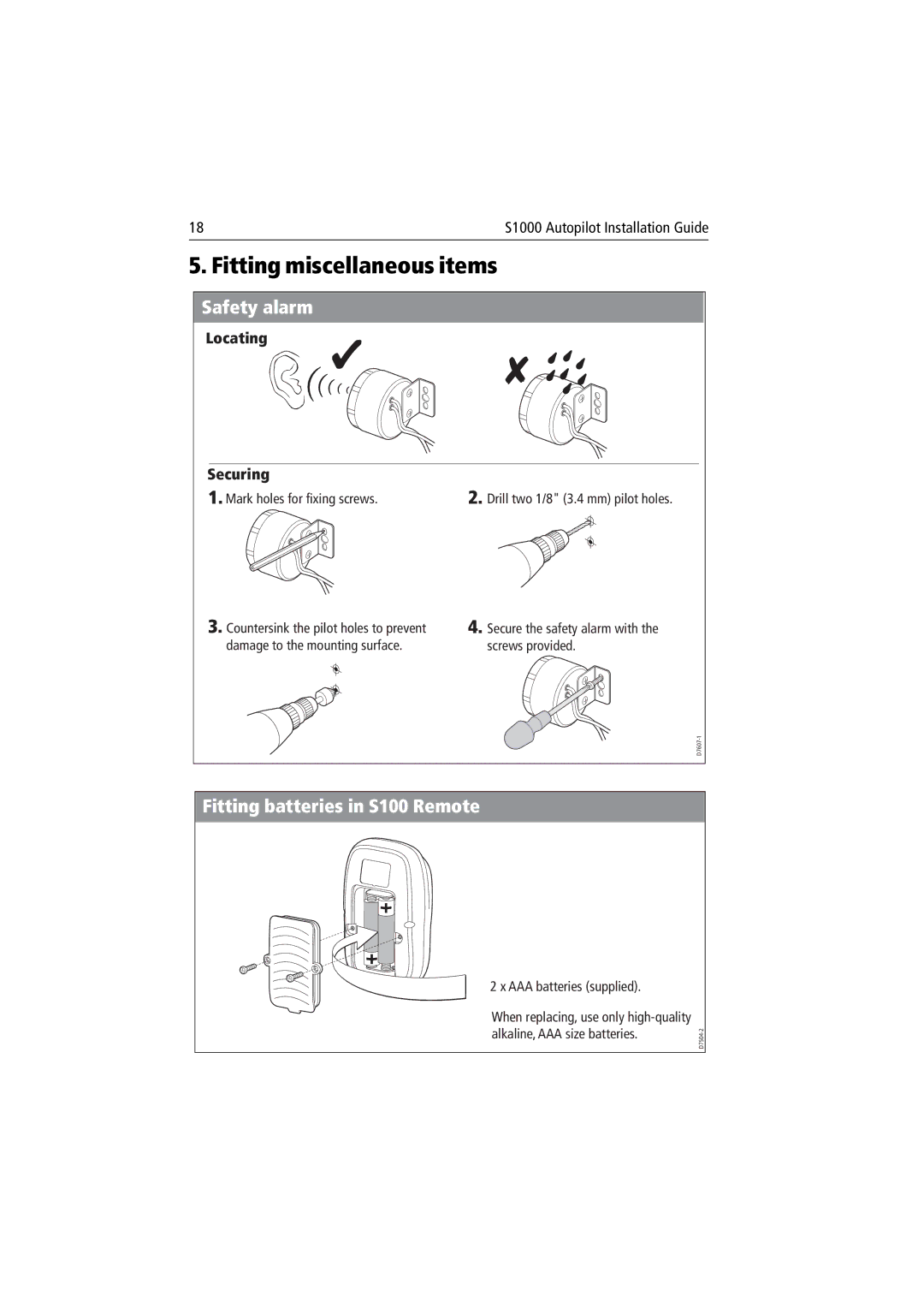 Raymarine S1000 manual Fitting miscellaneous items, Safety alarm, Fitting batteries in S100 Remote 