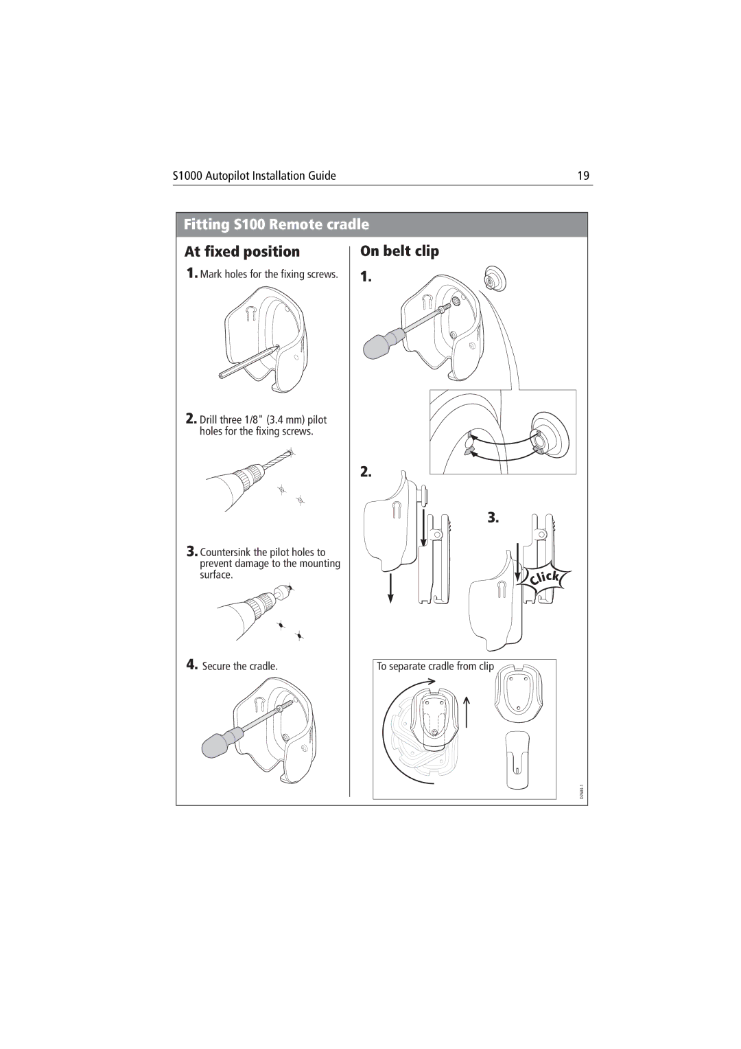 Raymarine S1000 manual Fitting S100 Remote cradle, At fixed position 