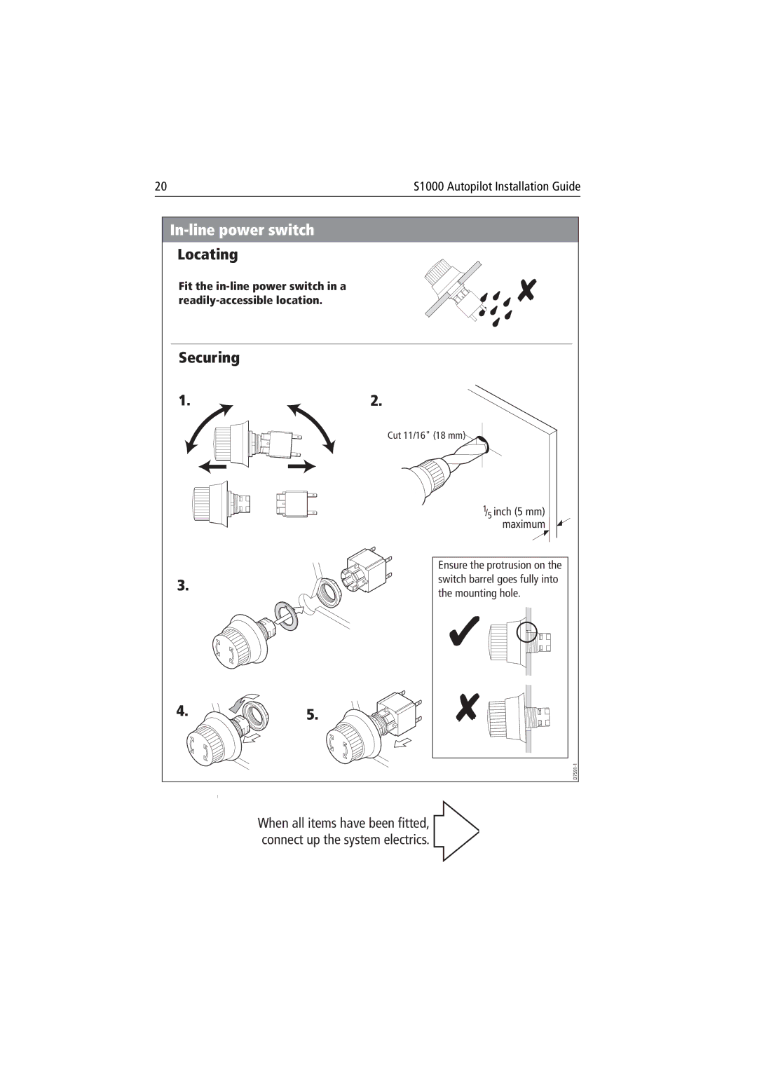 Raymarine S1000 manual In-line power switch, Securing 