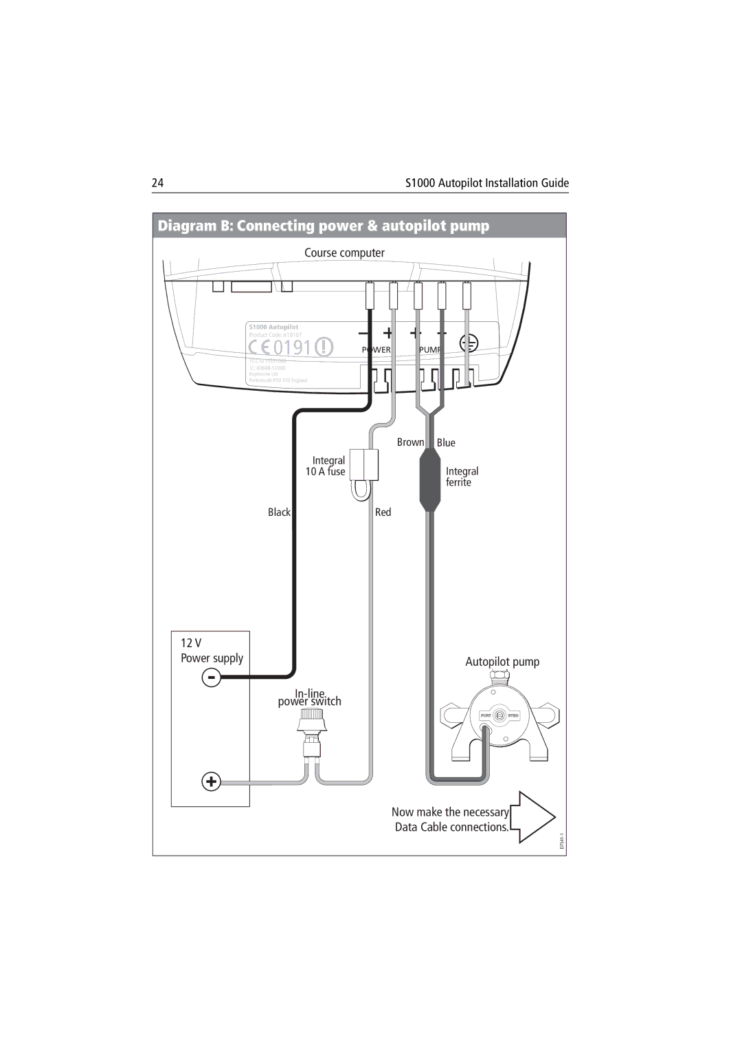 Raymarine S1000 manual Diagram B Connecting power & autopilot pump 