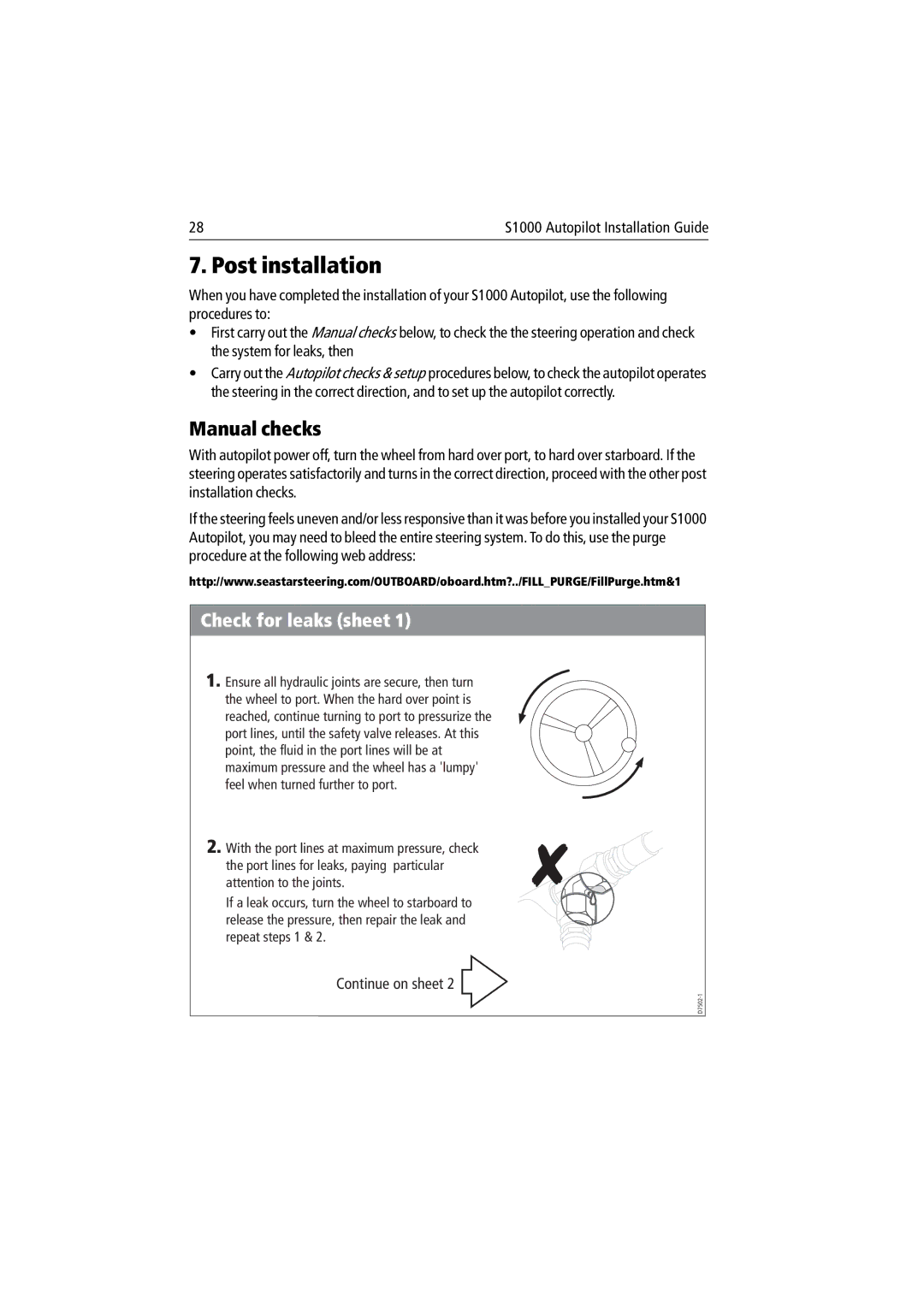 Raymarine S1000 manual Post installation, Check for leaks sheet 