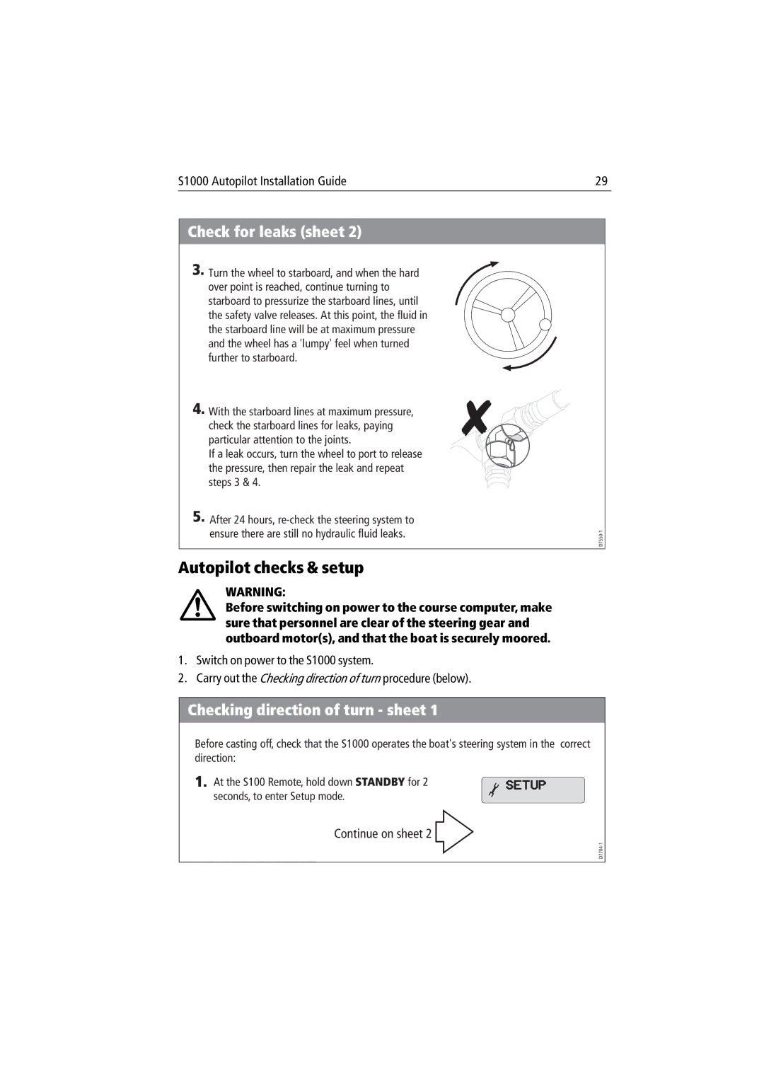 Raymarine S1000 manual Autopilot checks & setup, Checking direction of turn sheet 