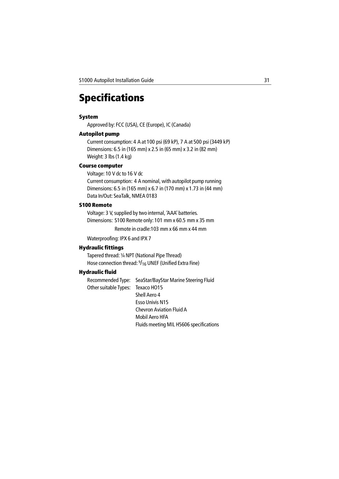 Raymarine S1000 manual Specifications 