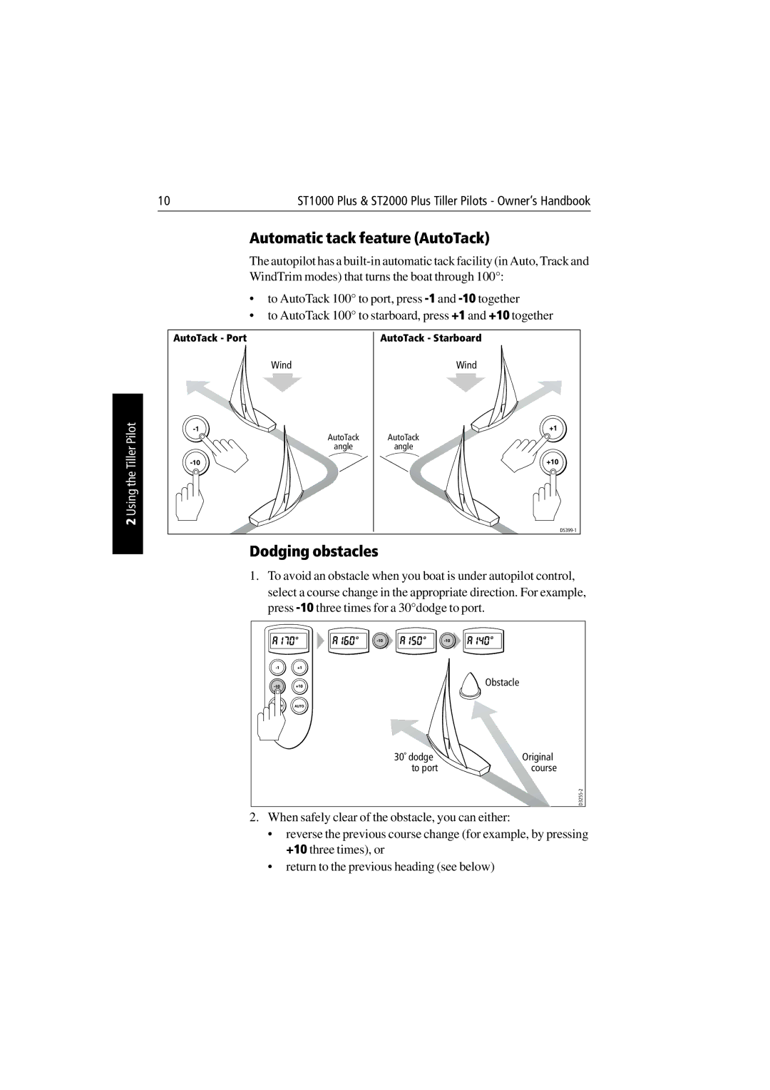 Raymarine ST1000 Plus & ST2000 Plus manual Automatic tack feature AutoTack, Dodging obstacles 