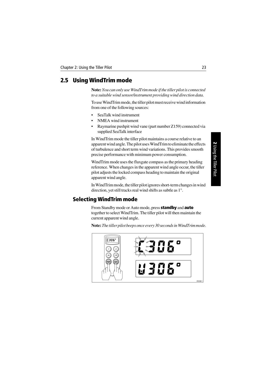 Raymarine ST1000 Plus & ST2000 Plus manual Using WindTrim mode, Selecting WindTrim mode 