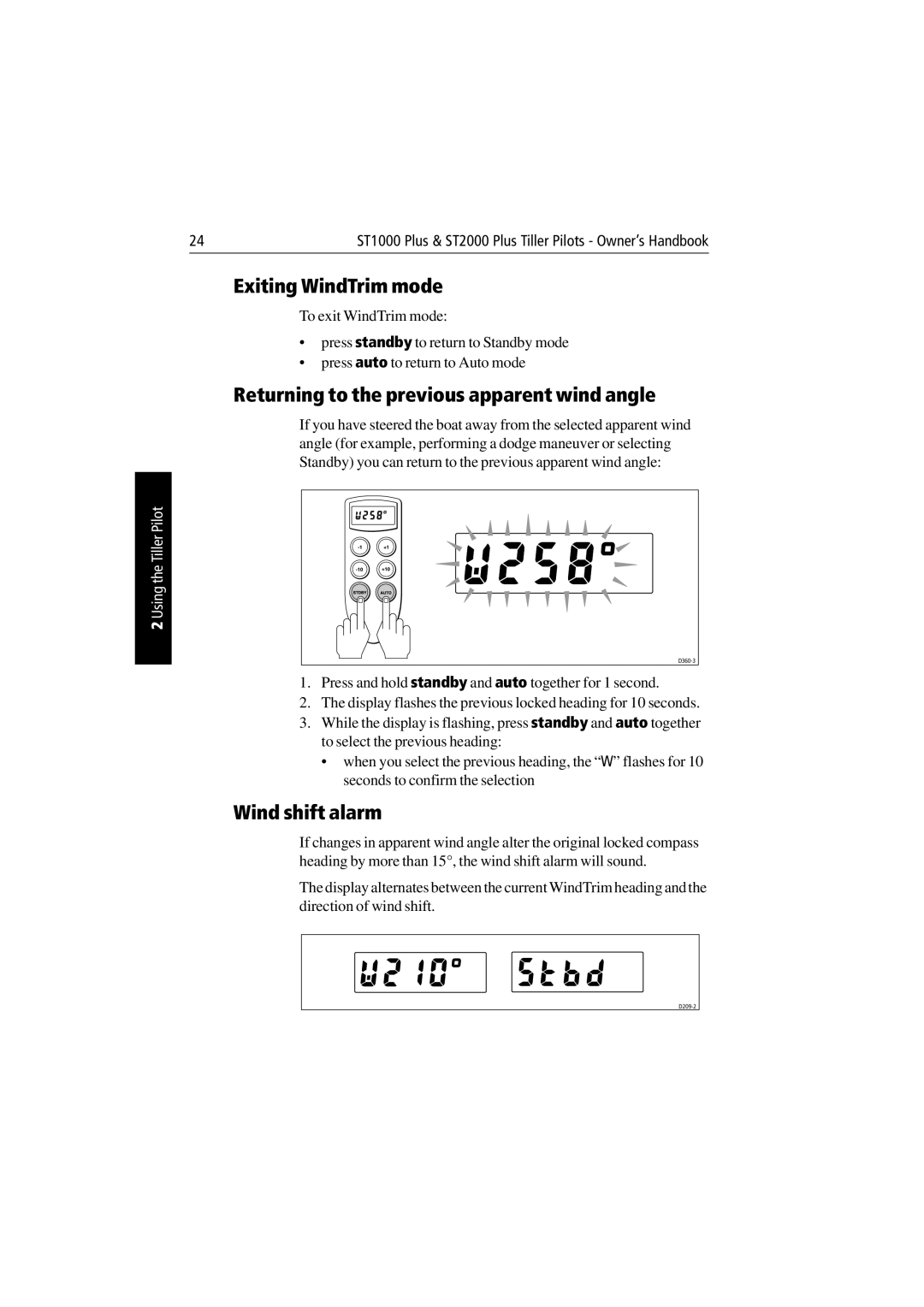 Raymarine ST1000 Plus & ST2000 Plus Exiting WindTrim mode, Returning to the previous apparent wind angle, Wind shift alarm 