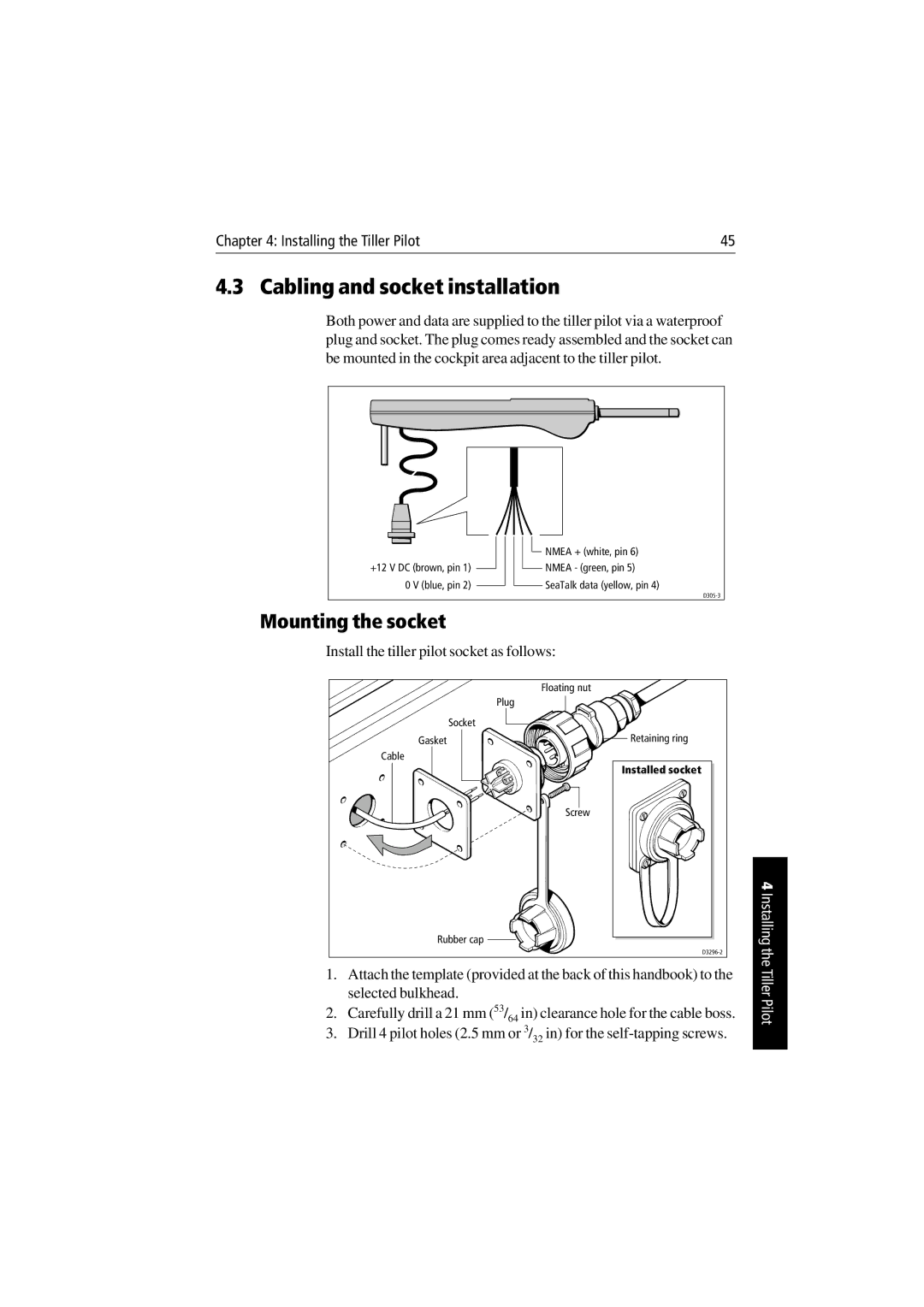 Raymarine ST1000 Plus & ST2000 Plus manual Cabling and socket installation, Mounting the socket 