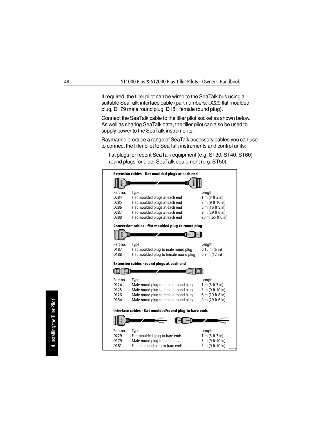 Raymarine ST1000 Plus & ST2000 Plus manual Type Length D284 Flat moulded plugs at each end 3 ft 3 D285 