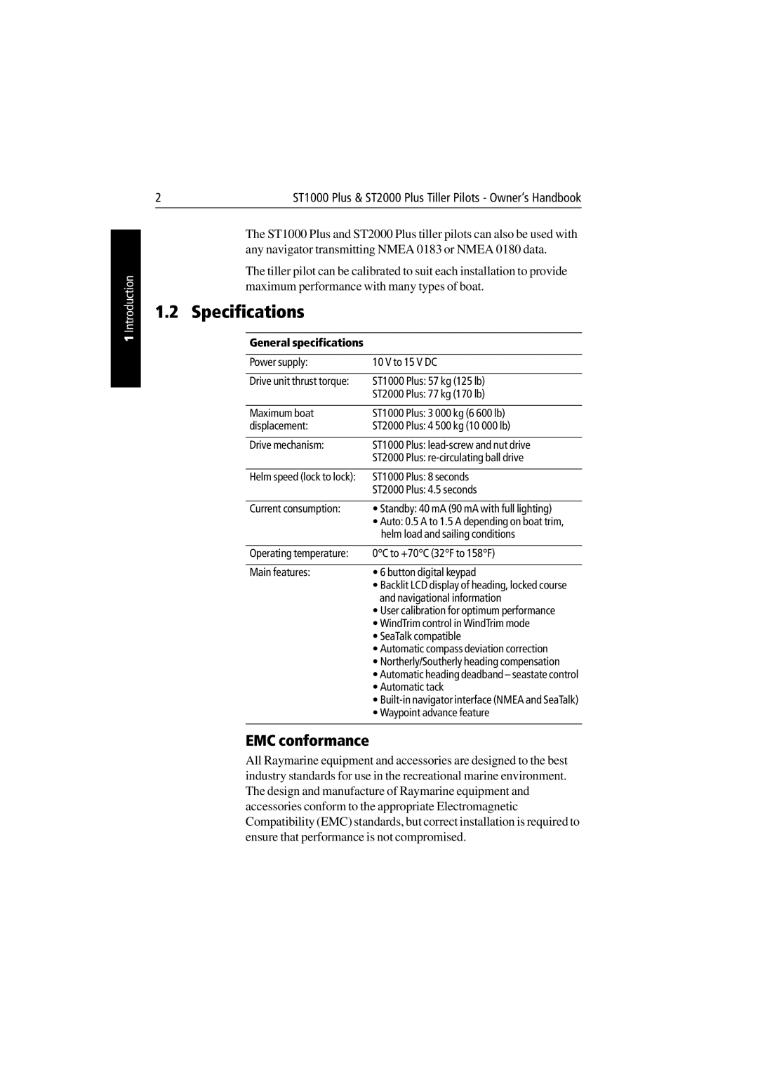 Raymarine ST1000 Plus & ST2000 Plus manual Specifications, EMC conformance, General specifications 