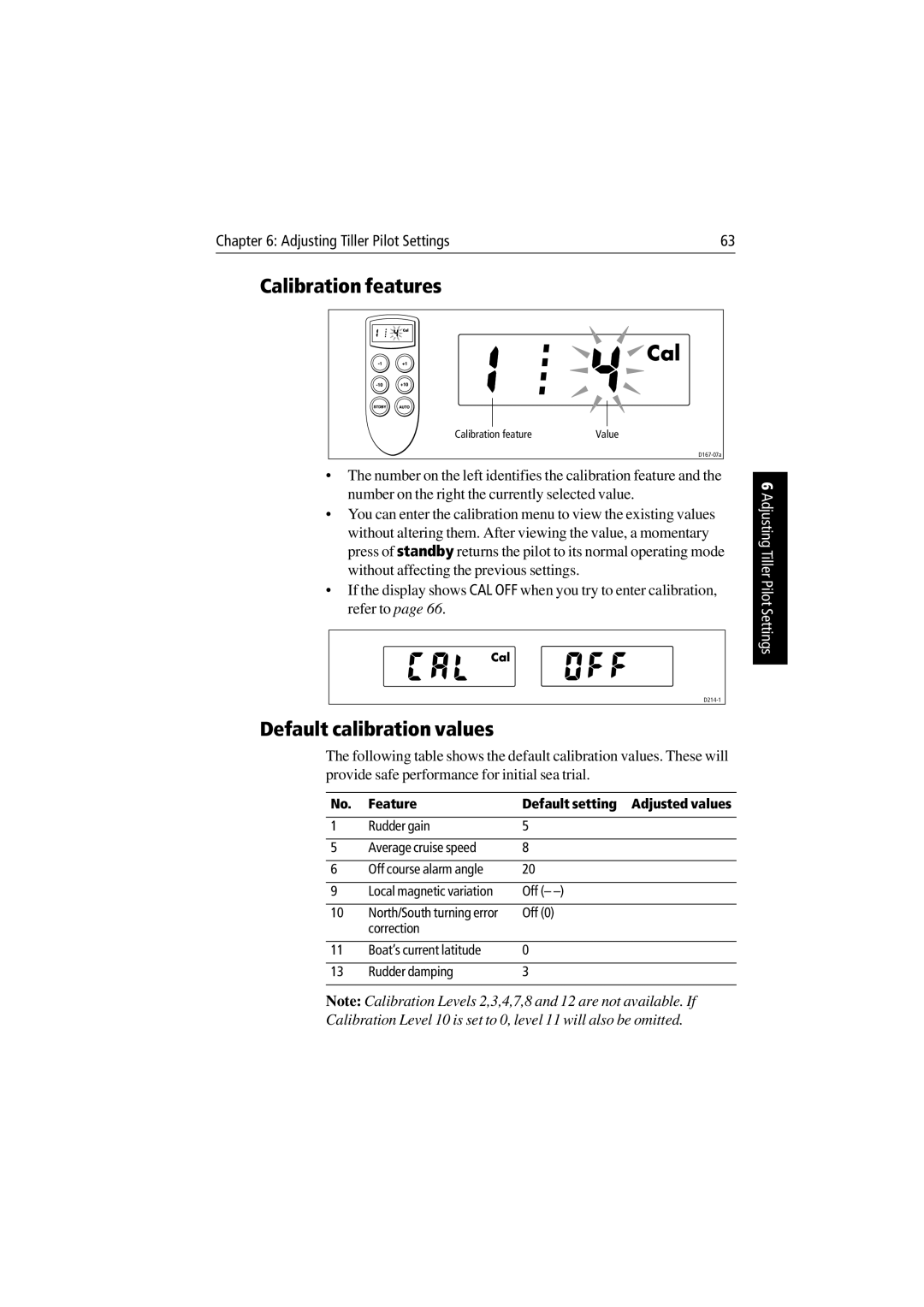 Raymarine ST1000 Plus & ST2000 Plus manual Calibration features, Default calibration values 