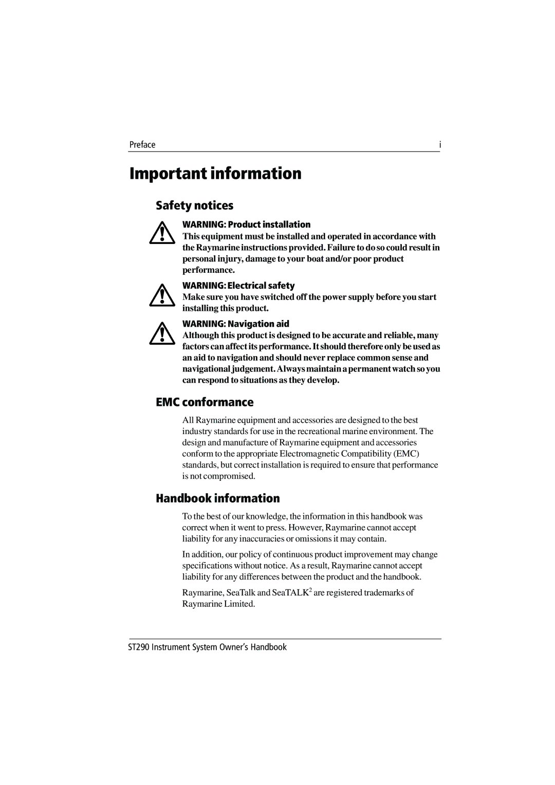 Raymarine St290 manual Important information, Safety notices 