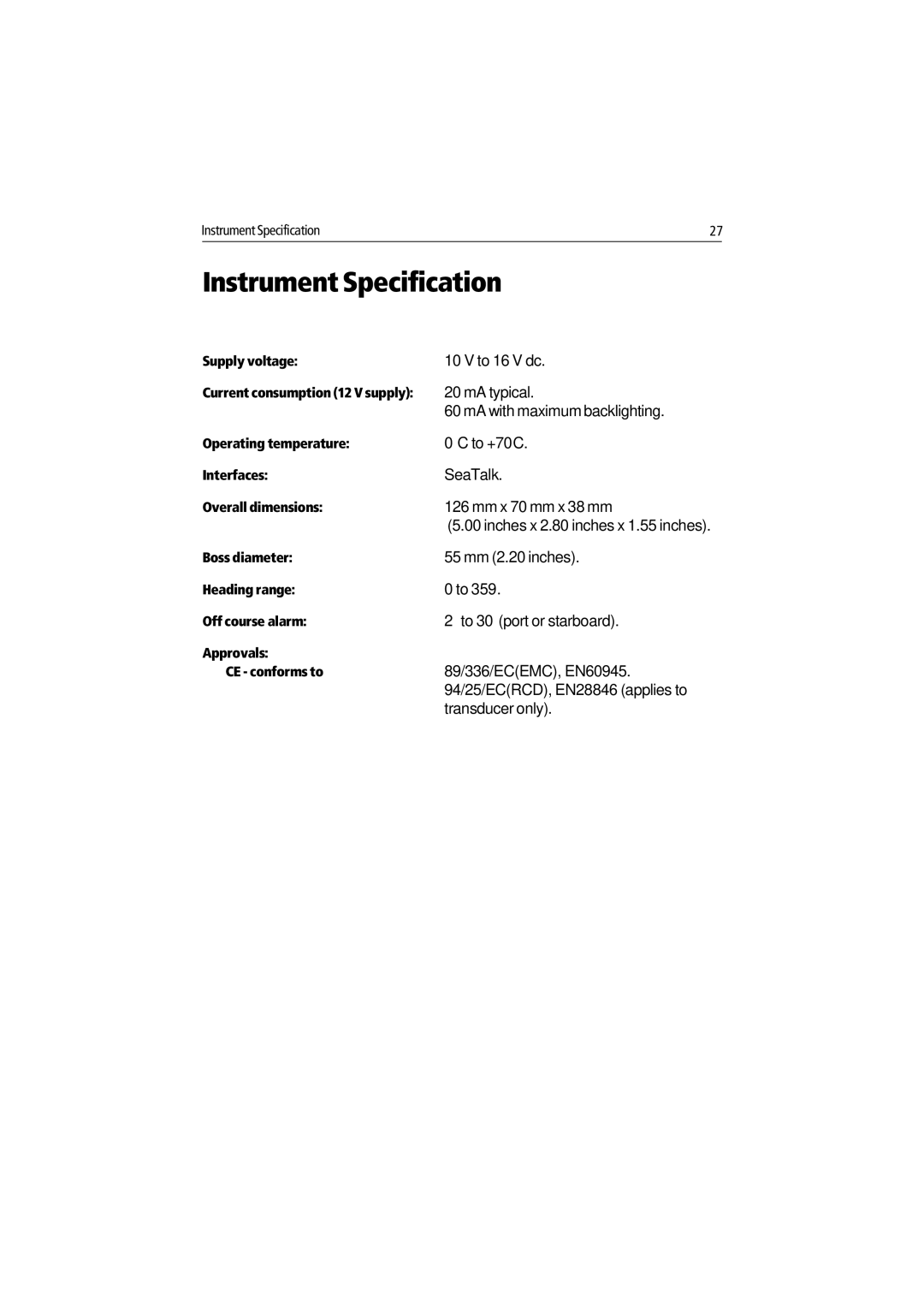 Raymarine ST40 manual Instrument Specification 