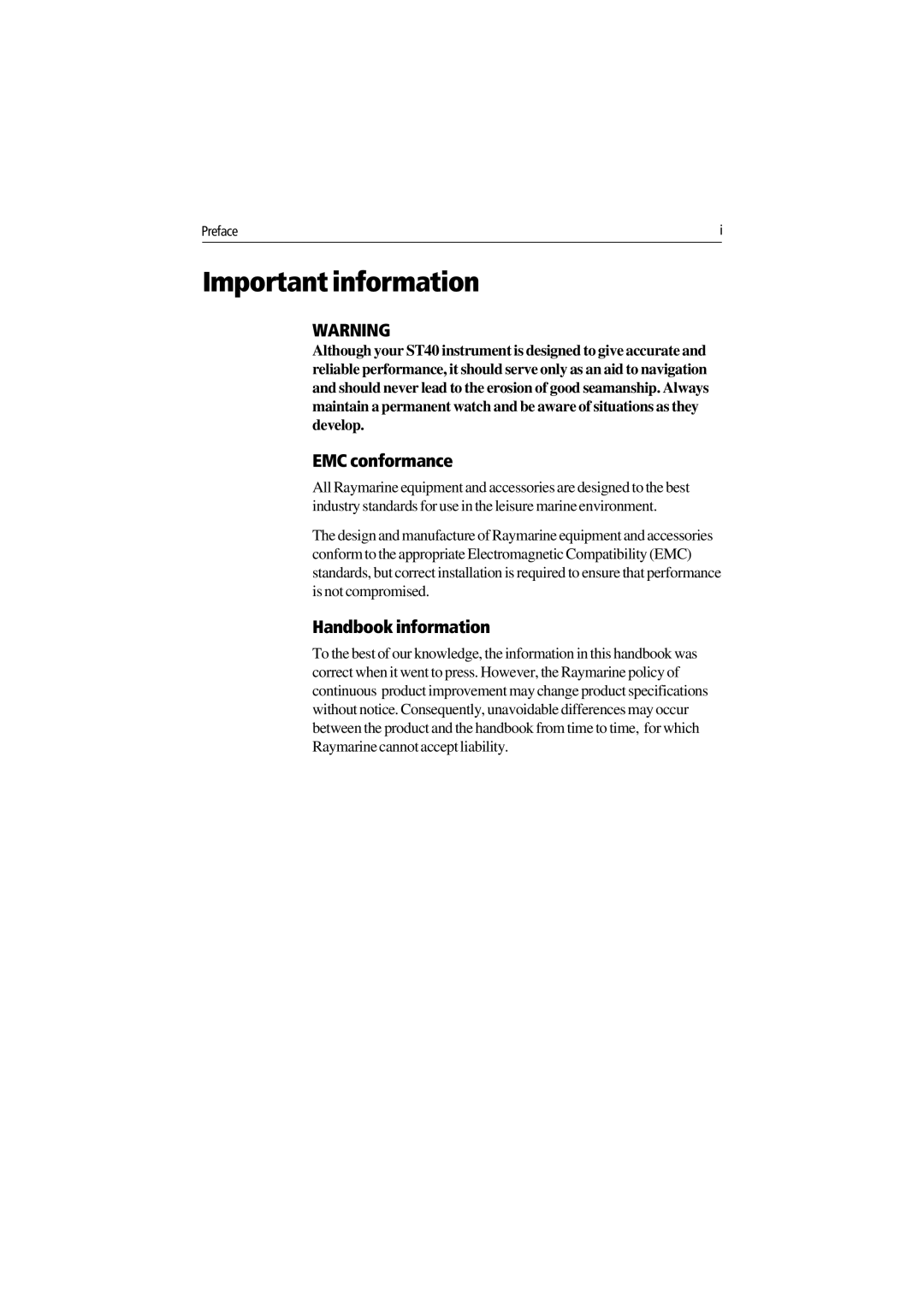 Raymarine ST40 manual Important information, EMC conformance, Handbook information 