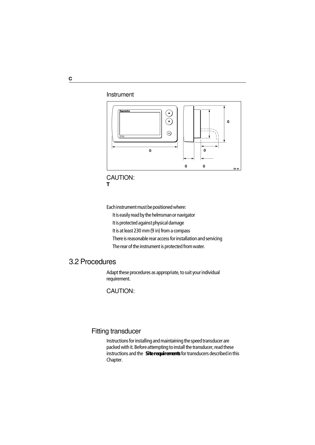 Raymarine ST40 manual Procedures, Fitting transducer, Instrument 