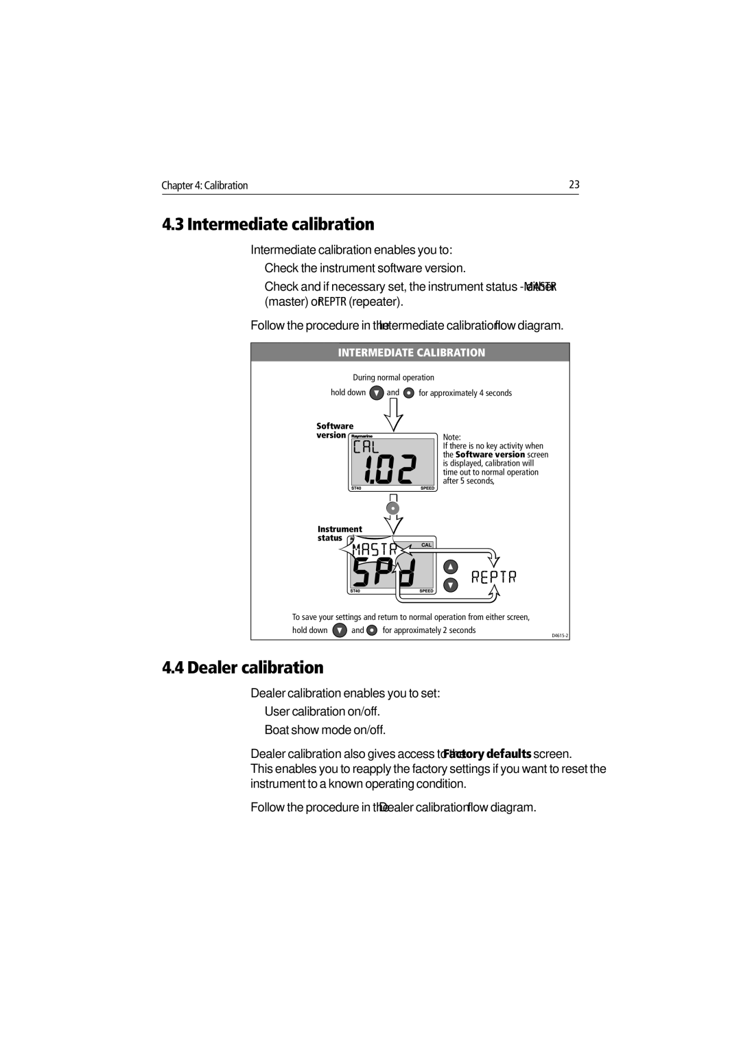 Raymarine ST40 manual Intermediate calibration, Dealer calibration 