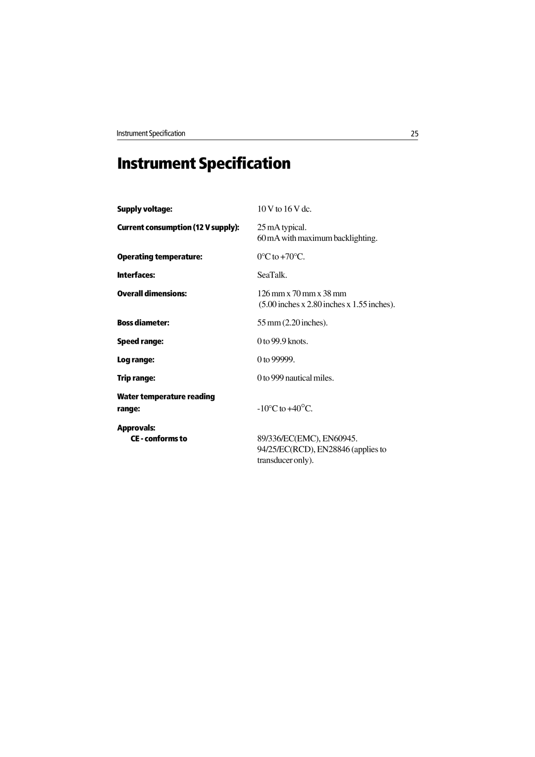 Raymarine ST40 manual Instrument Specification 