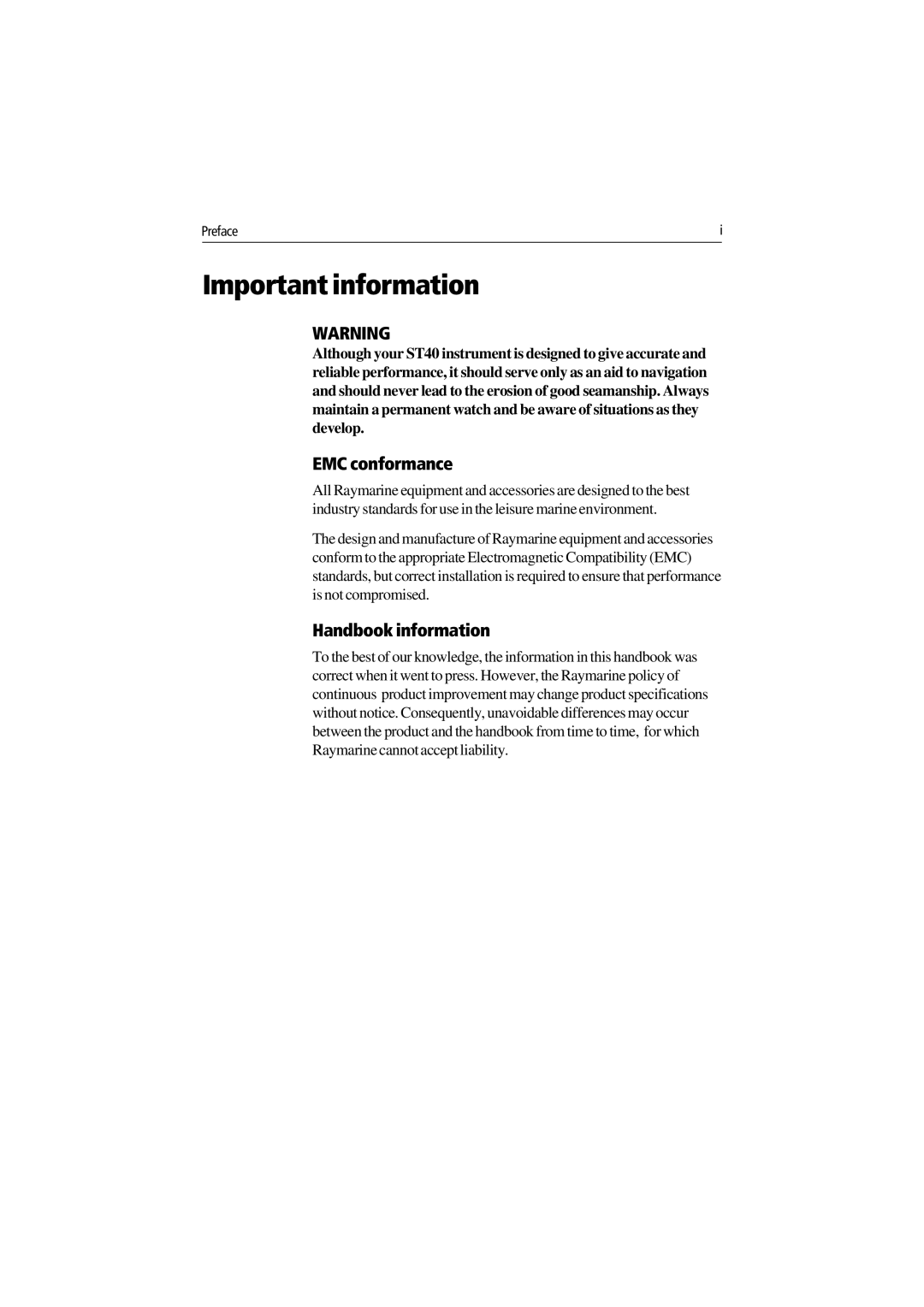 Raymarine ST40 manual Important information, EMC conformance, Handbook information 