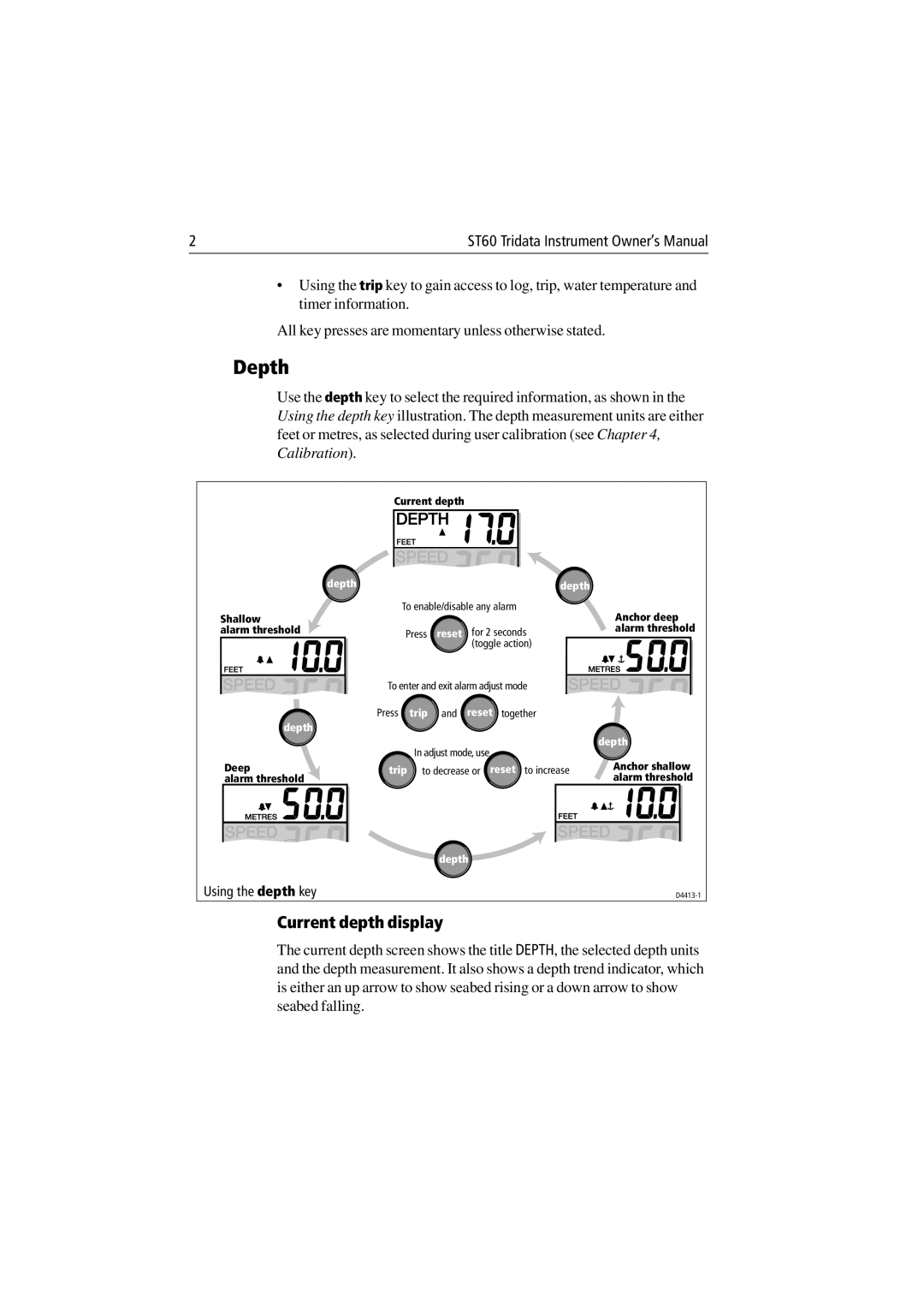Raymarine ST60 Tridata manual Depth, Current depth display 