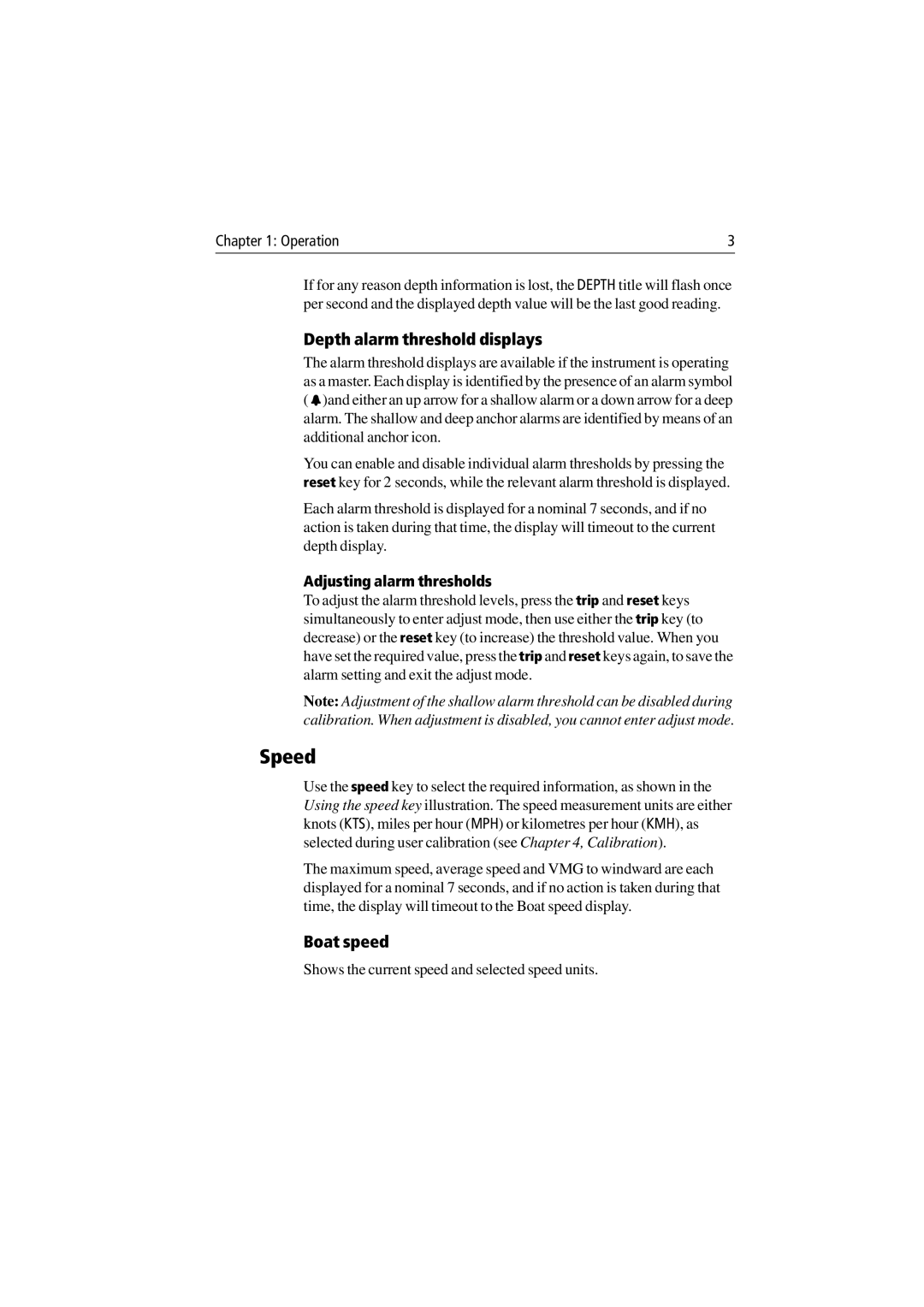 Raymarine ST60 Tridata manual Speed, Depth alarm threshold displays, Boat speed, Adjusting alarm thresholds 