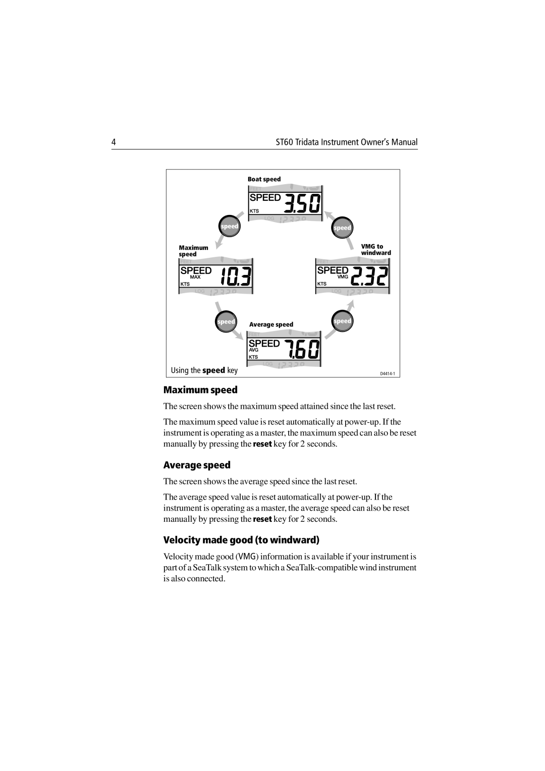 Raymarine ST60 Tridata manual Maximum speed, Average speed, Velocity made good to windward 