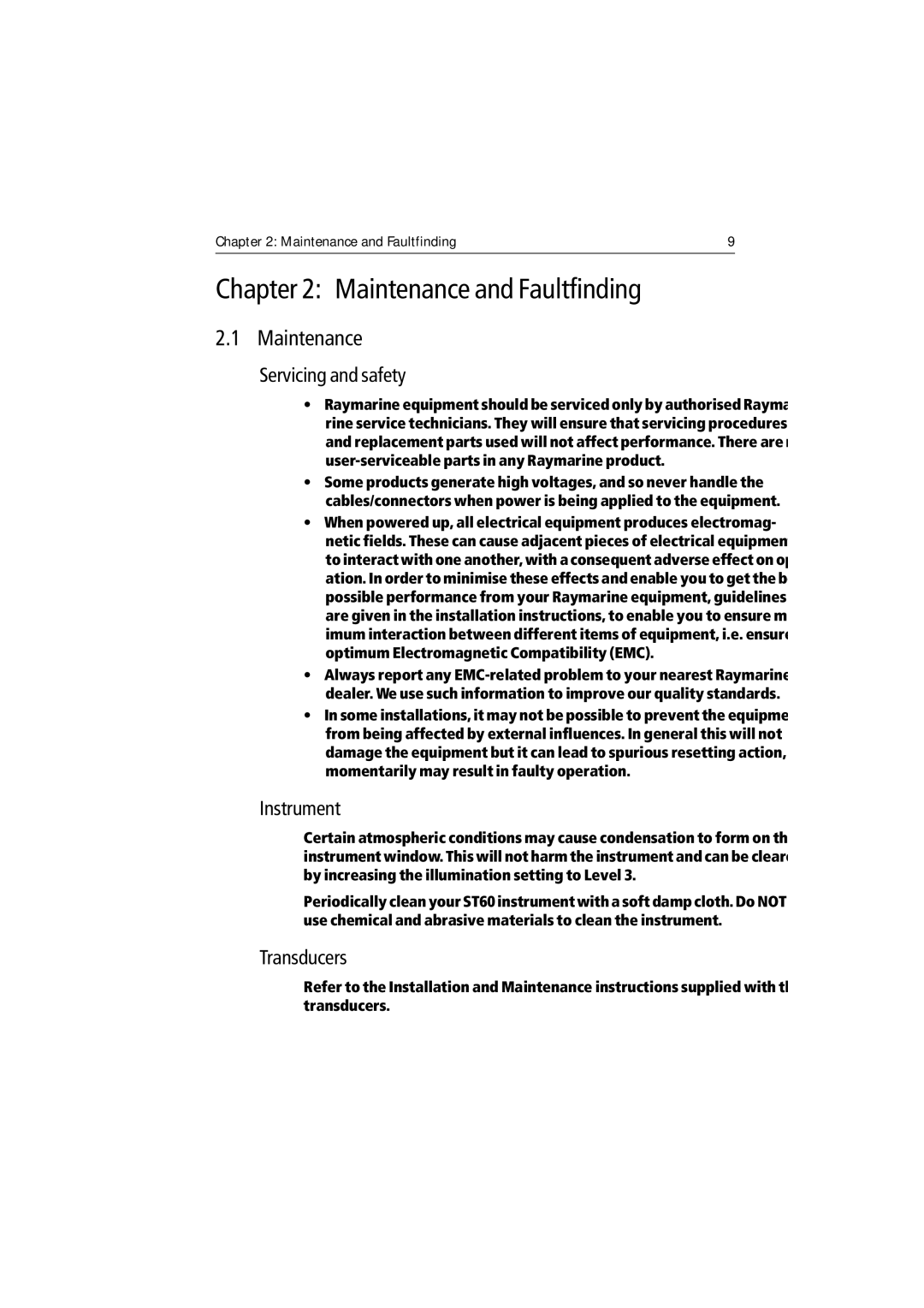 Raymarine ST60 Tridata manual Maintenance and Faultfinding, Servicing and safety, Instrument, Transducers 