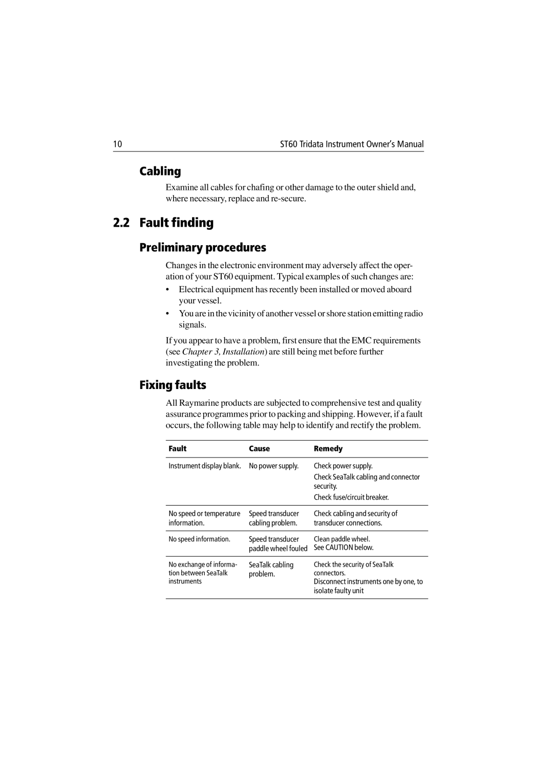 Raymarine ST60 Tridata manual Fault finding, Cabling, Preliminary procedures, Fixing faults 