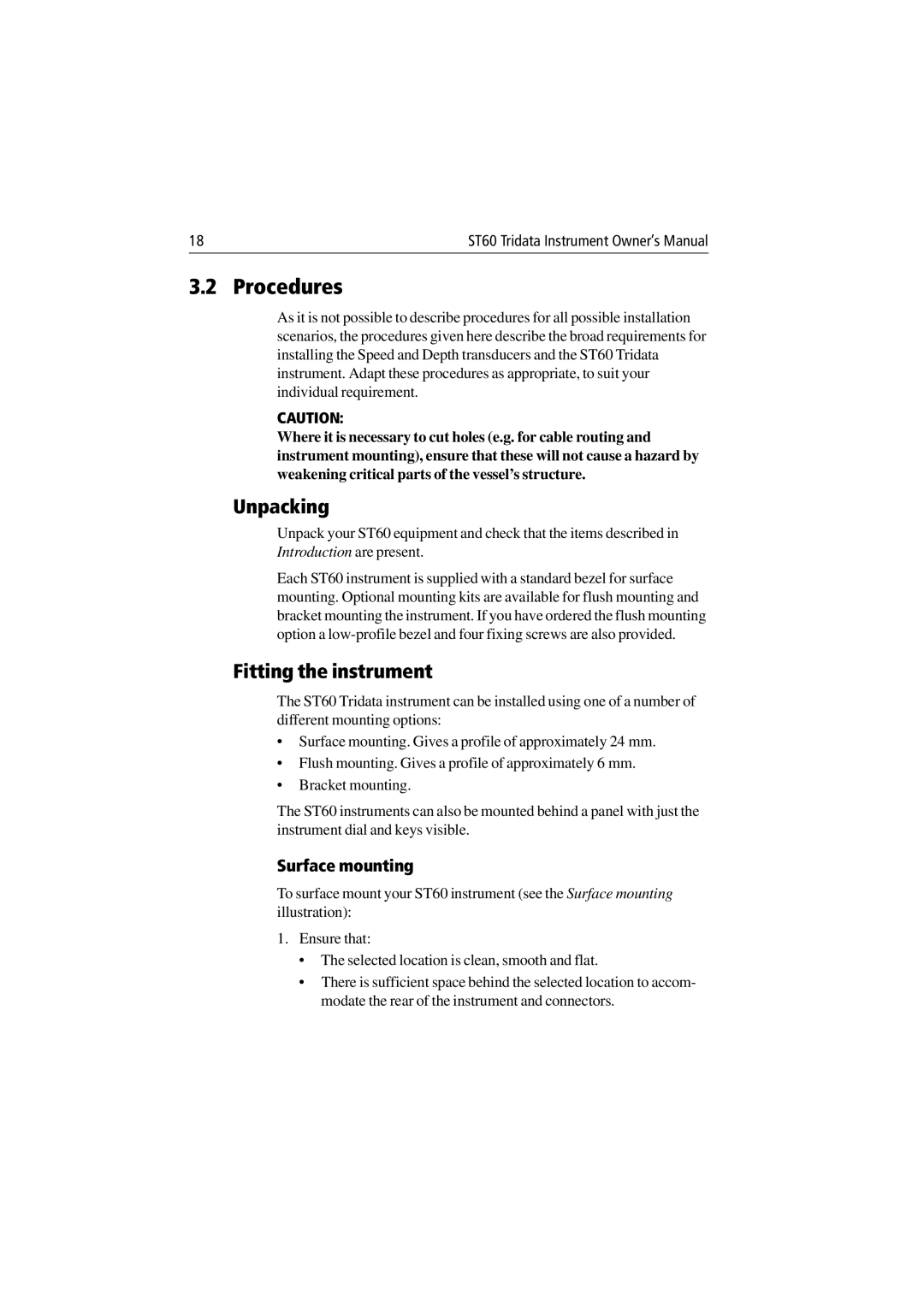 Raymarine ST60 Tridata manual Procedures, Unpacking, Fitting the instrument, Surface mounting 