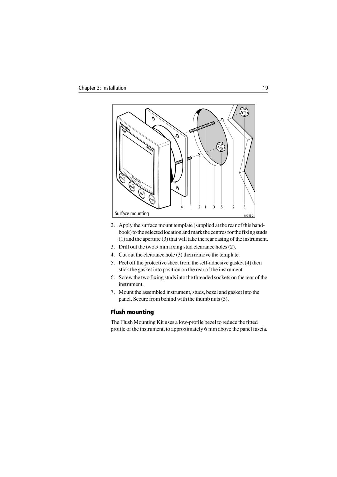 Raymarine ST60 Tridata manual Flush mounting, Surface mounting 