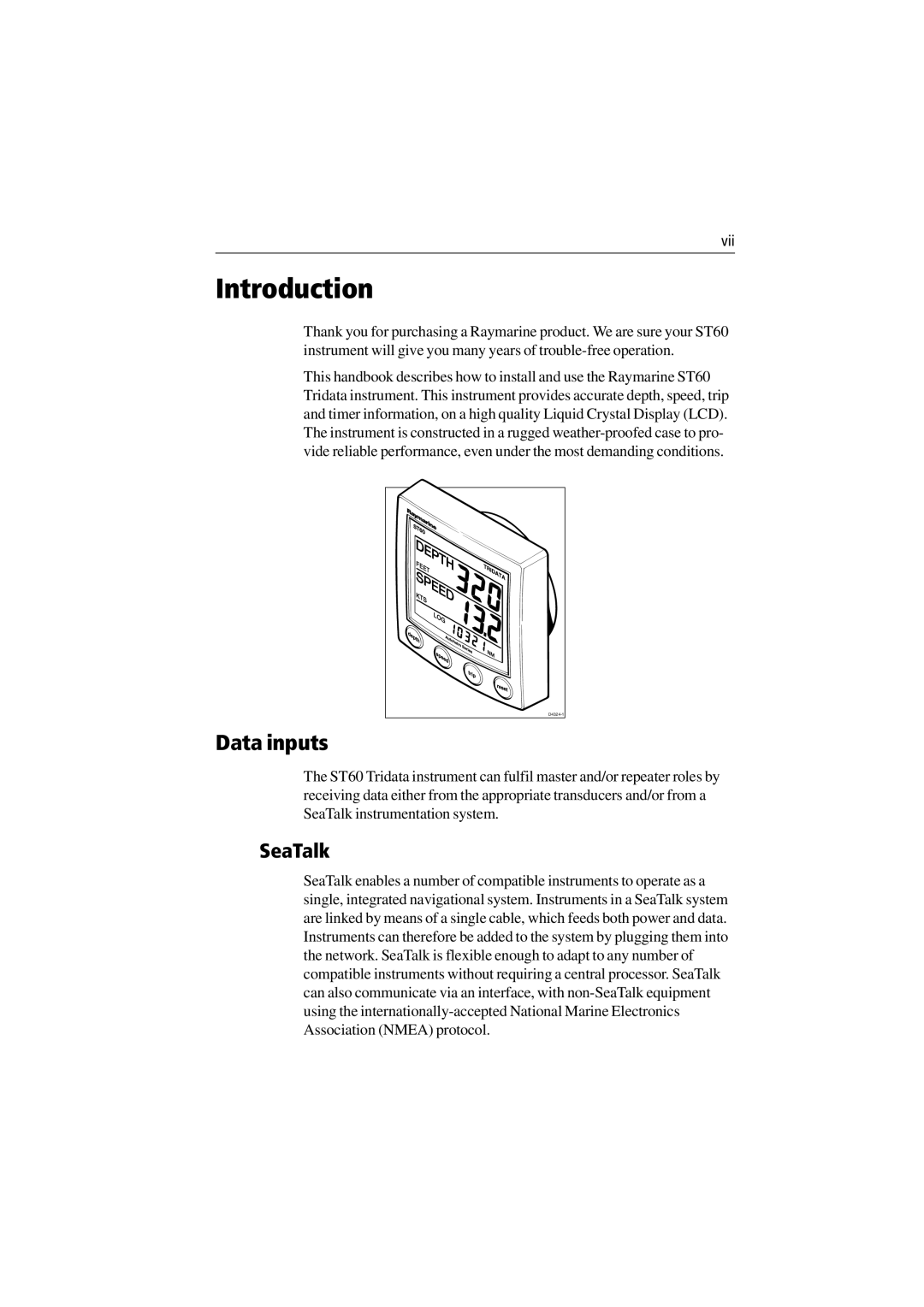 Raymarine ST60 Tridata manual Introduction, Data inputs, SeaTalk 