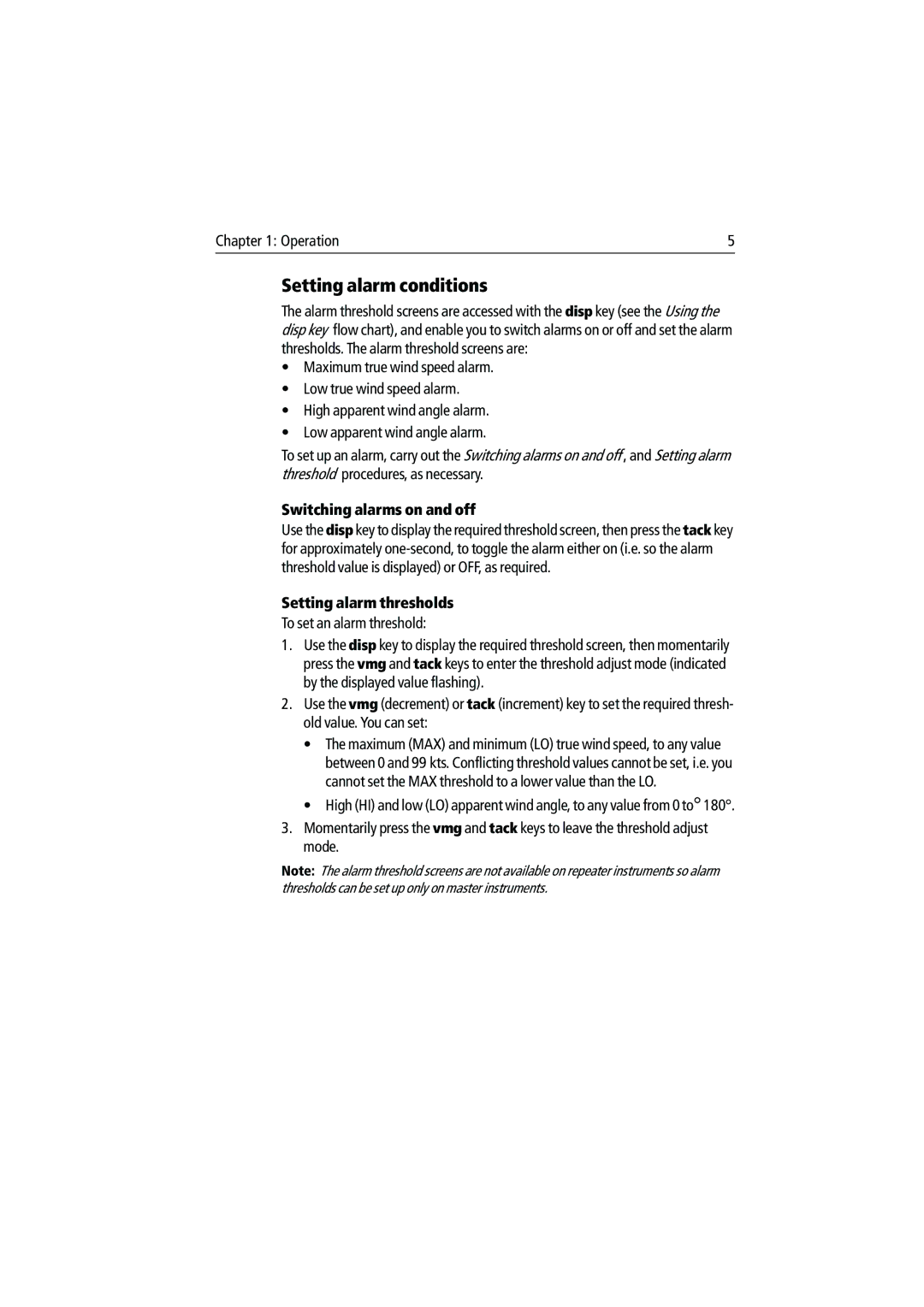 Raymarine ST60 manual Setting alarm conditions, Switching alarms on and off, Setting alarm thresholds 