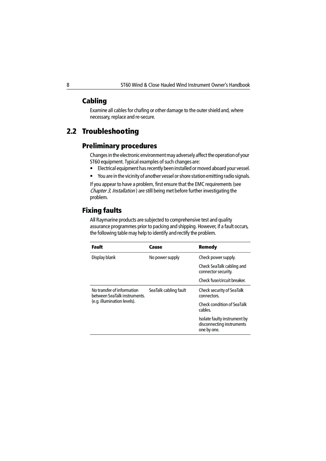Raymarine ST60 manual Troubleshooting, Cabling, Preliminary procedures, Fixing faults 