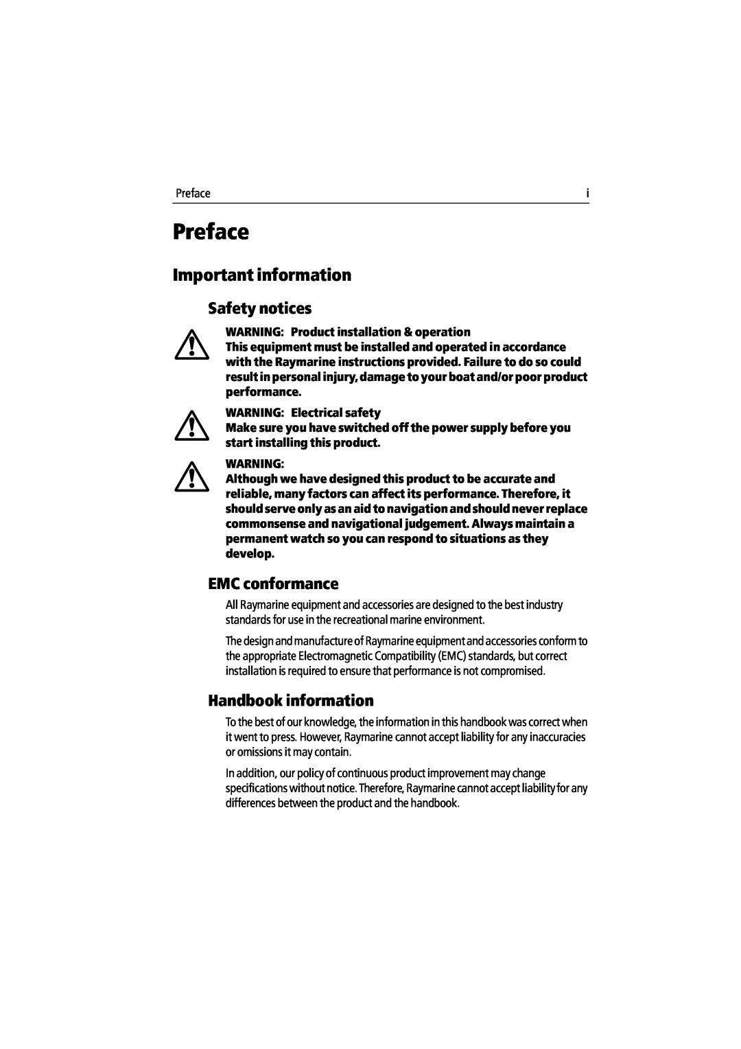 Raymarine ST60 manual Preface, Important information, Safety notices, EMC conformance, Handbook information 
