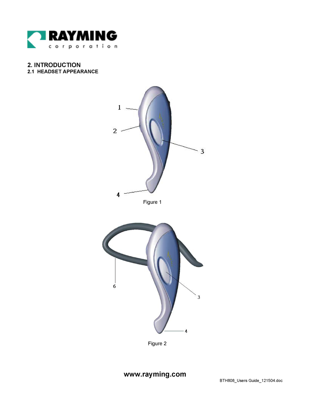 Rayming BTH-808 user manual Headset Appearance 