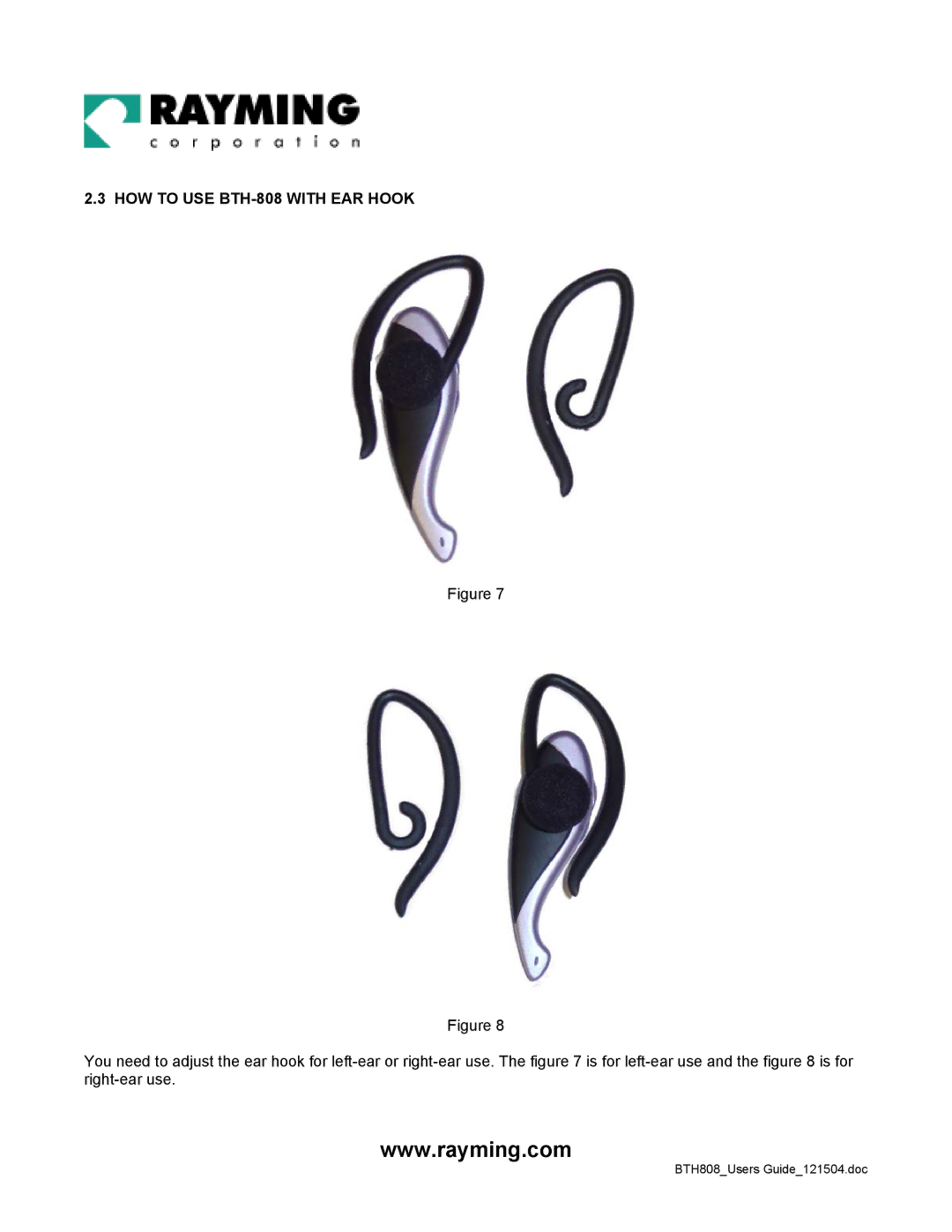 Rayming user manual HOW to USE BTH-808 with EAR Hook 