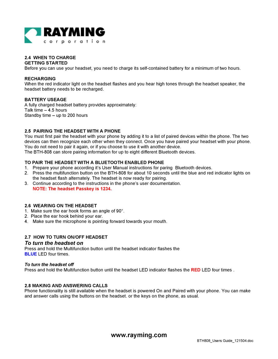 Rayming BTH-808 user manual When to Charge Getting Started, Recharging, Battery Useage, Pairing the Headset with a Phone 