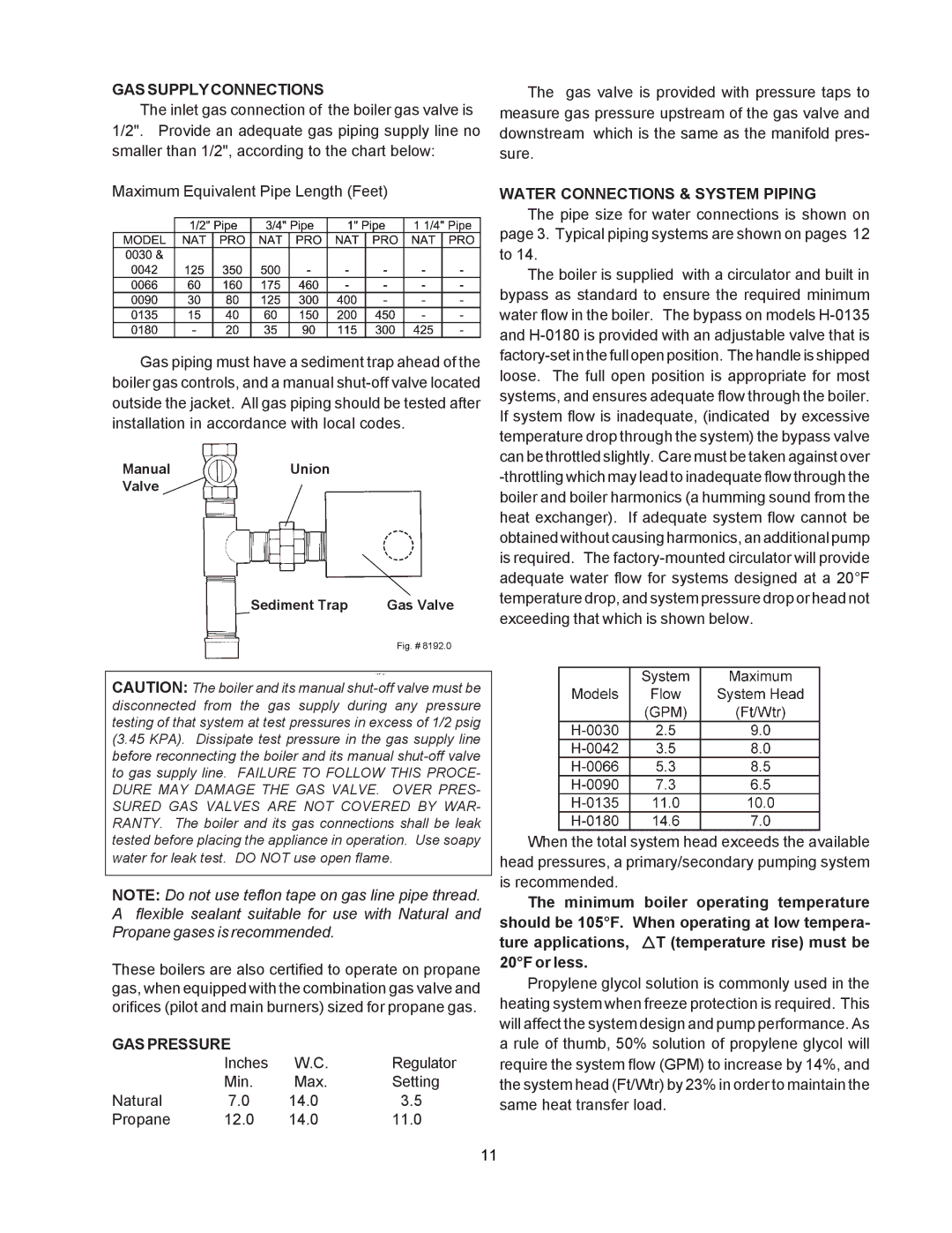 Raypak 0135B, 0030B, 0090B manual GAS Supply Connections, Gaspressure, Water Connections & System Piping 