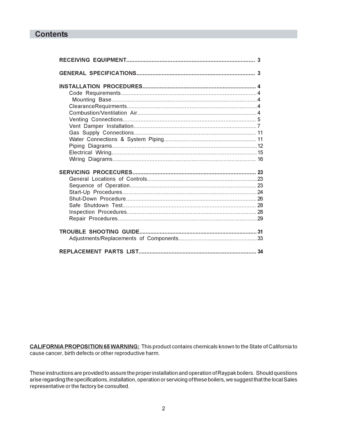 Raypak 0135B, 0030B, 0090B manual Contents 